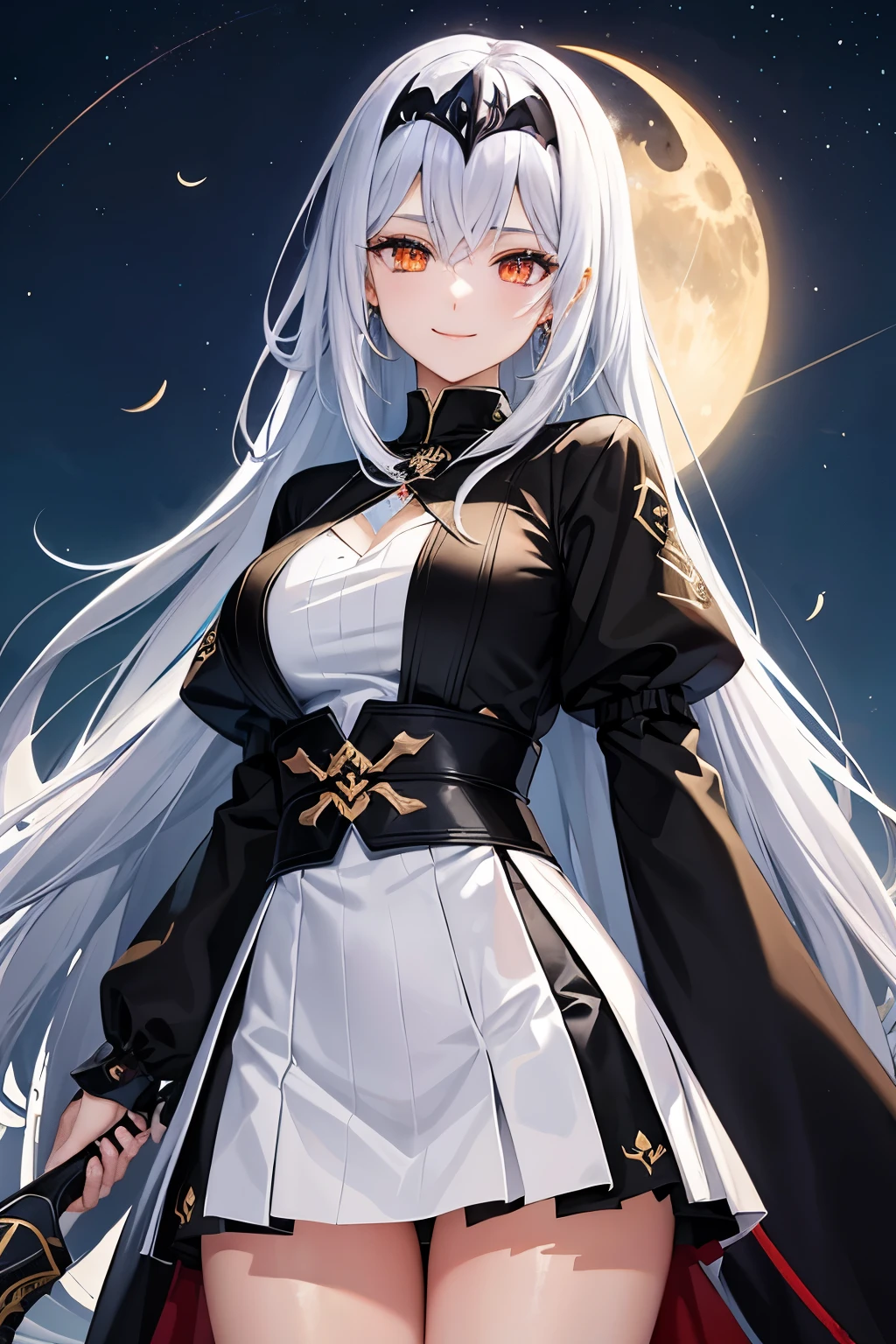 A beautiful girl with a death scythe in her right hand:1.4、Executioners、She has silver hair that is dyed black towards the tips.、Golden eyes emit a mysterious light、Wearing a black mysterious robe、wearing a white skirt、racy costume、The moon and the sun are shining at the same time behind me、confusion of day and night、smiling shyly、Crescent moon emblem on the forehead