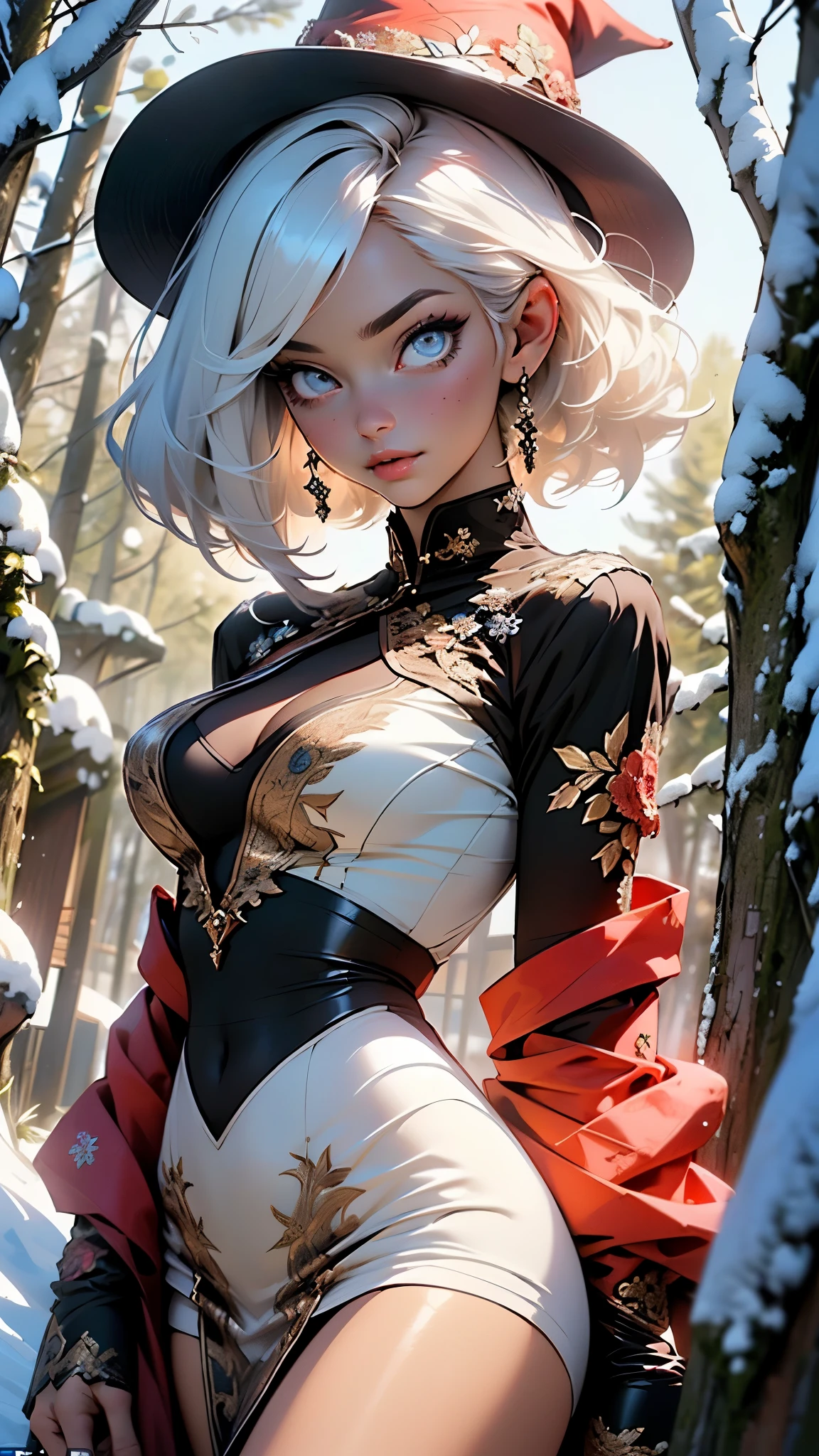 woman,1female,((milf,mom,mature,mature woman,45 years old female,adult)),

(large breasts:1.5),saggy breasts,(((white hair:1.4,messy white hair,short hair:1.4,colored inner hair))),((blue_eyes:1.3))),intricate eyes,beautiful detailed eyes,symmetrical eyes,((((lustrous skin:1.5,bright skin: 1.5,skin tanned,shiny skin,very shiny skin,shiny body,illuminated skin)))),(spider lower abdomen,narrow waist,wide hip,bimbo body,inflated legs,thick thighs,delicate detailed fingers),(((detailed face))),

cute,slutty,sensual,seductive look,seductive,((erotic)),opulent,sumptuous,longingly,((nsfw)),

(((red witch hat))), hat, dress, long sleeves, staff with bell, red dress with white bows, beautiful vampire queen,(((intricate outfit,intricate clothes,embroidered outfit,ornate outfit,embroidered clothes,ornate clothes))),

(dynamic pose:1.0),embarrassed,(centered,scale to fit dimensions,Rule of thirds),

((snowy pine forest)),winter,scenery:1.25,((intricate scenery)),((snow forest background)),

(Glossy winter ornaments),highres,sharp focus,(ultra detailed,extremely detailed),(photorealistic artwork:1.37),(extremely detailed CG unity 8k wallpaper),(((vibrant colors,vibrant theme))),(intricate),(masterpiece),(best quality),artistic photography,(photography taken by sldr),(intricate background),perfect rendered face,perfect face details,realistic face,photo realistic,analog style,((intricate detail)),(((realism)))
