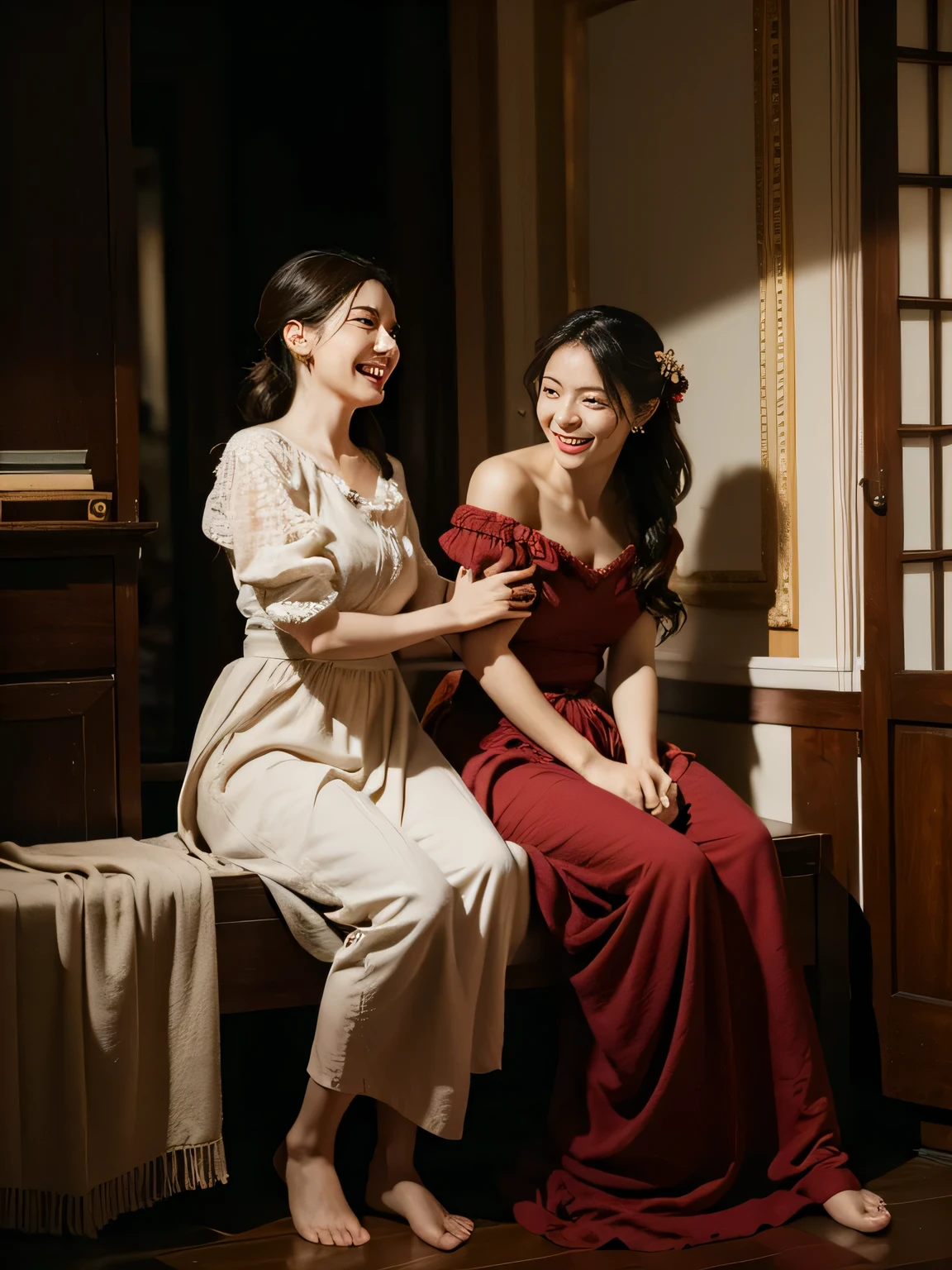 full body portrait ,fruit,grapes,rosa,antique,laughter,,sweet and enchanting appearance.、caravaggioの絵画、caravaggio&#39;chiaroscuro,Two women having fun,cute smile, expression of ecstasy