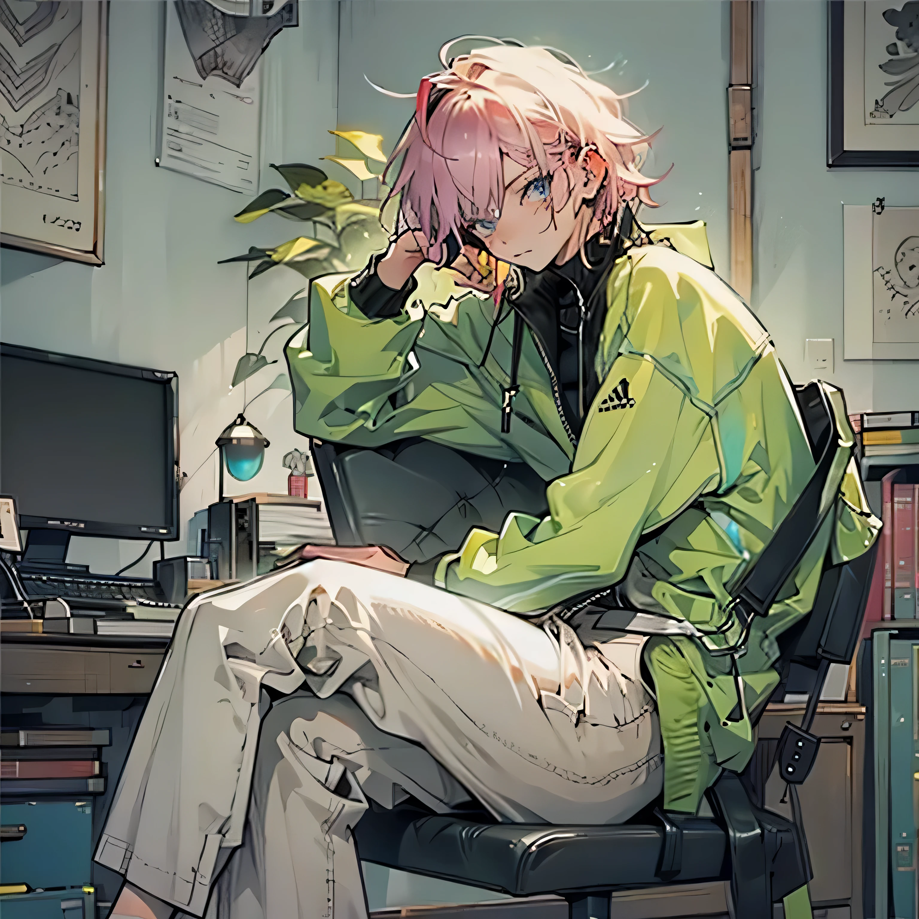 draw a 20 yearsold good looking man sitting on chair