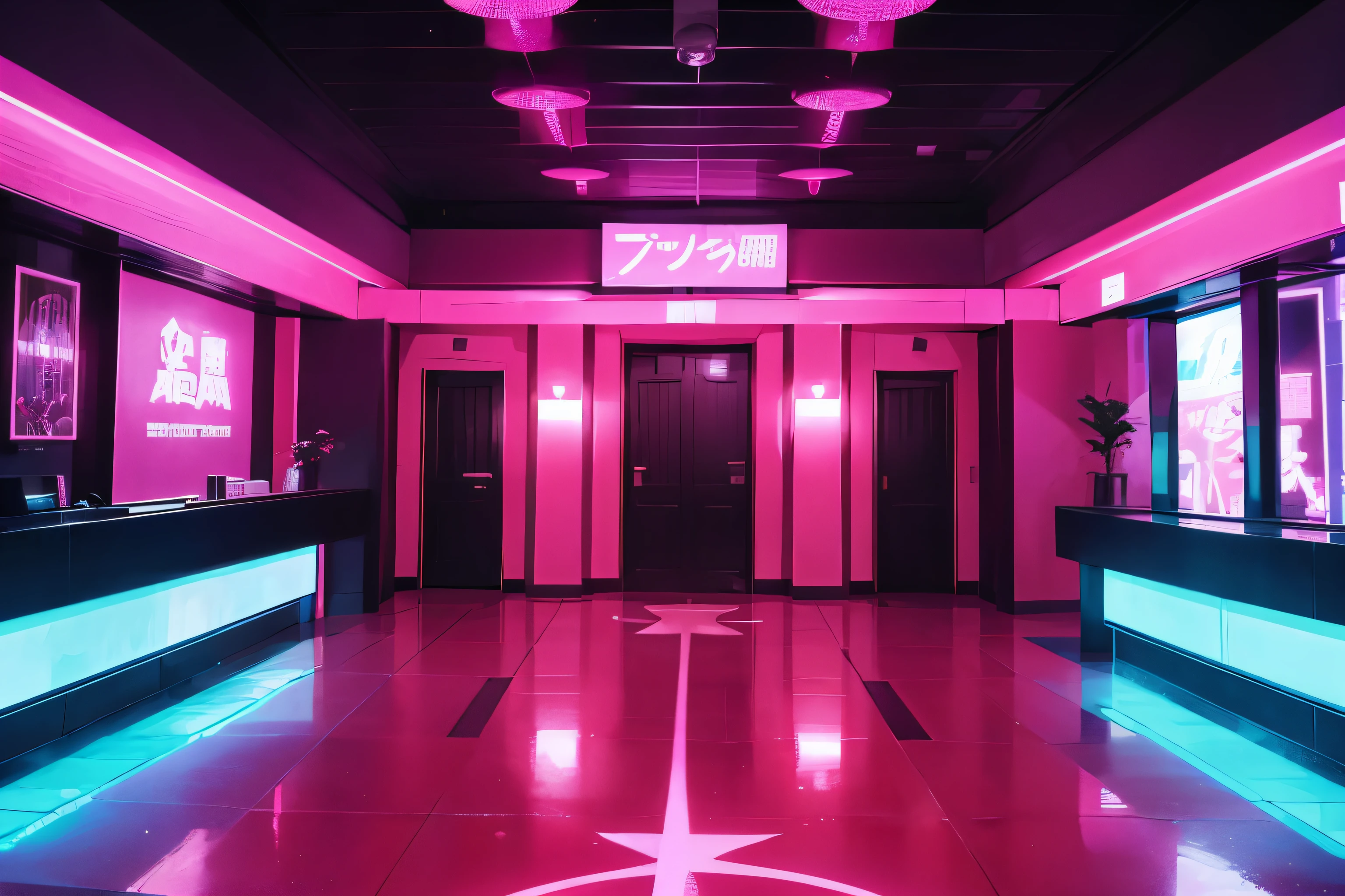 anime love hotel lobby, pink neon lights, neon lights, neon light sign, red carpet floor,