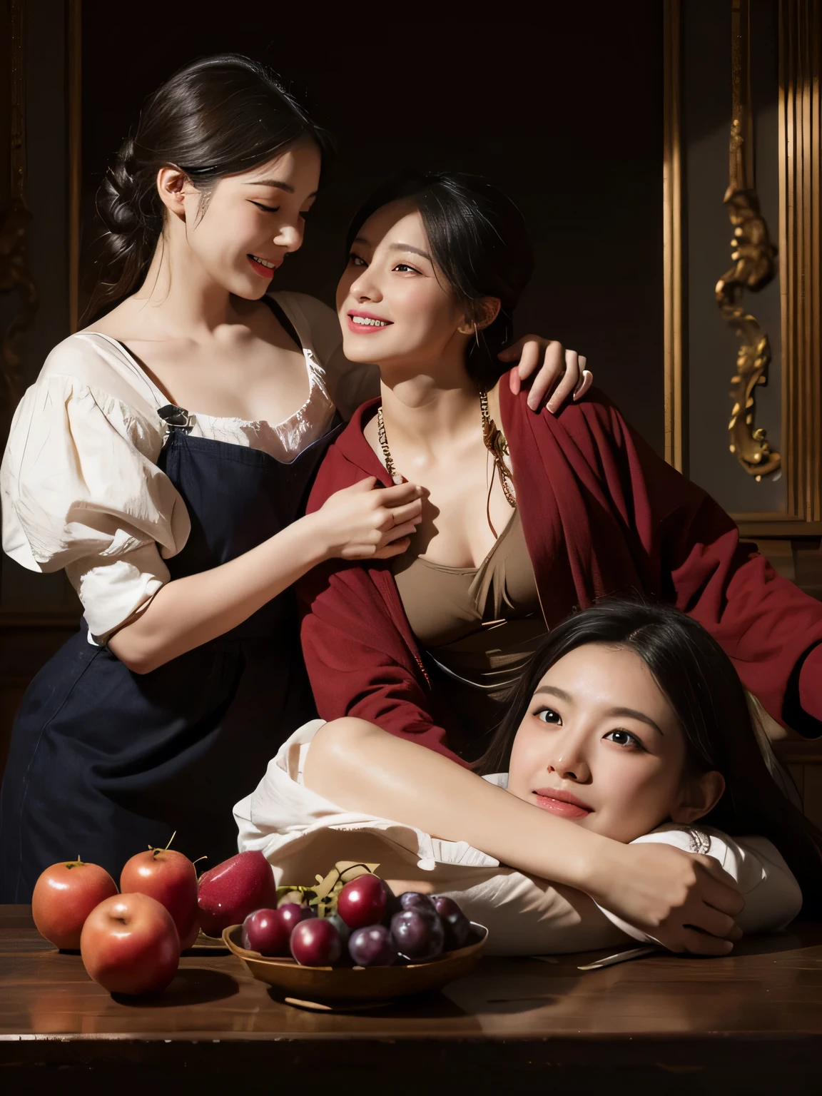 full body portrait ,fruit,grapes,rosa,antique,laughter,,sweet and enchanting appearance.、caravaggioの絵画、caravaggio&#39;chiaroscuro,Two women having fun,cute smile, expression of ecstasy