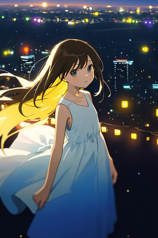 1 👧➕🙂, upper body, Eye's➕🌌, looking at viewer, Fine and straight long hair, The background can be seen between the fine hair, thin line, collarbone, Plain white dress, sleeveless, Simple clothes without decoration, Delicately detailed and delicately drawn, Roughly drawn lines, Roughly painted colors, (🏙️➕🌃:1.2), Bokeh, Blurred Backgrounds, depth of field, Aerial perspective, Roughly simplified and drawn background,