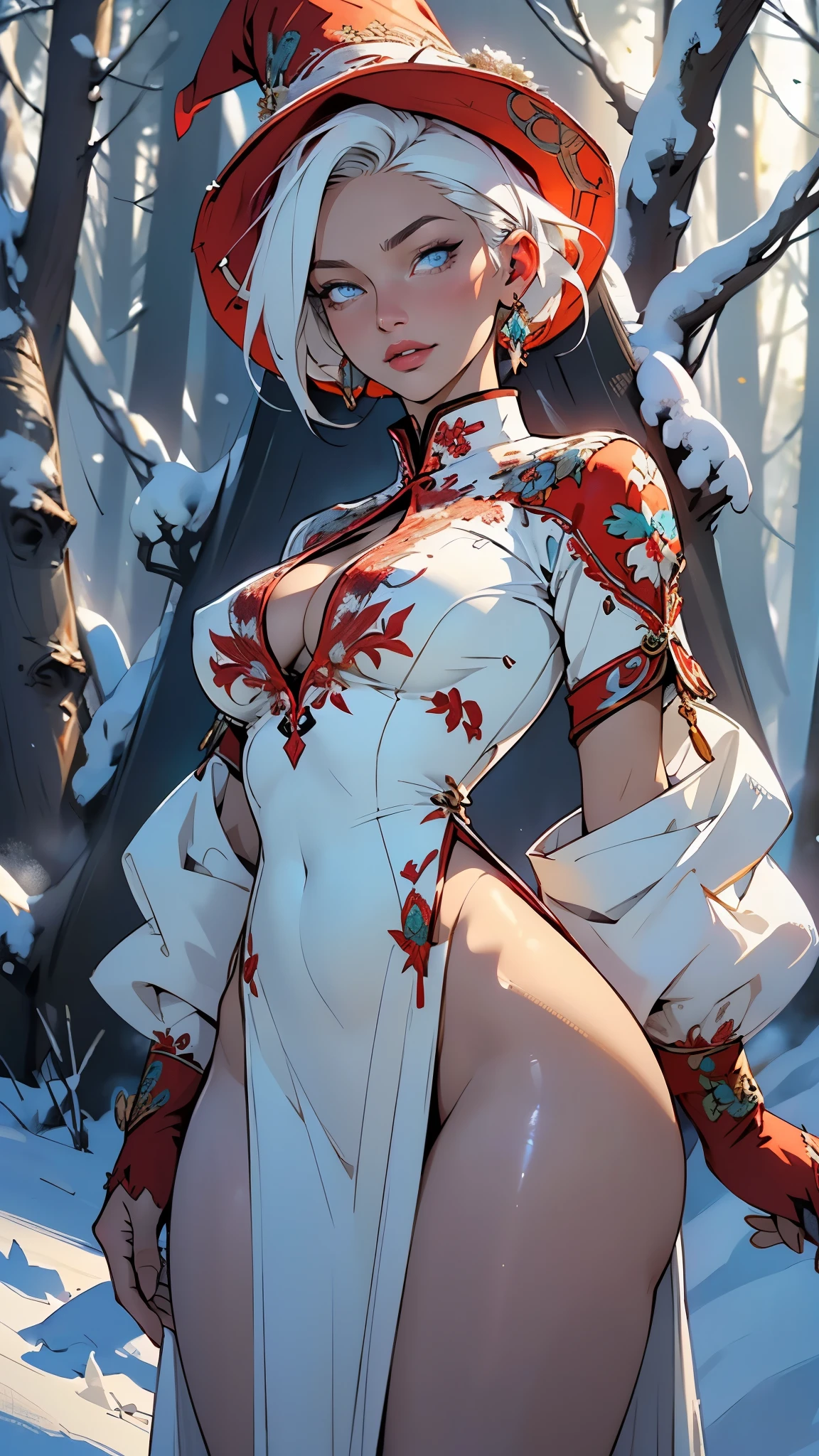 woman,1female,((milf,mom,mature,mature woman,45 years old female,adult)),

(large breasts:1.5),saggy breasts,(((white hair:1.4,messy white hair,short hair:1.4,colored inner hair))),((blue_eyes:1.3))),intricate eyes,beautiful detailed eyes,symmetrical eyes,((((lustrous skin:1.5,bright skin: 1.5,skin tanned,shiny skin,very shiny skin,shiny body,illuminated skin)))),(spider lower abdomen,narrow waist,wide hip,bimbo body,inflated legs,thick thighs,delicate detailed fingers),(((detailed face))),

cute,slutty,sensual,seductive look,seductive,((erotic)),opulent,sumptuous,longingly,((nsfw)),

(((red witch hat))), hat, dress, long sleeves, staff with bell, red dress with white bows, beautiful vampire queen,(((intricate outfit,intricate clothes,embroidered outfit,ornate outfit,embroidered clothes,ornate clothes))),

(dynamic pose:1.0),embarrassed,(centered,scale to fit dimensions,Rule of thirds),

((snowy pine forest)),winter,scenery:1.25,((intricate scenery)),((snow forest background)),

(Glossy winter ornaments),highres,sharp focus,(ultra detailed,extremely detailed),(photorealistic artwork:1.37),(extremely detailed CG unity 8k wallpaper),(((vibrant colors,vibrant theme))),(intricate),(masterpiece),(best quality),artistic photography,(photography taken by sldr),(intricate background),perfect rendered face,perfect face details,realistic face,photo realistic,analog style,((intricate detail)),(((realism)))
