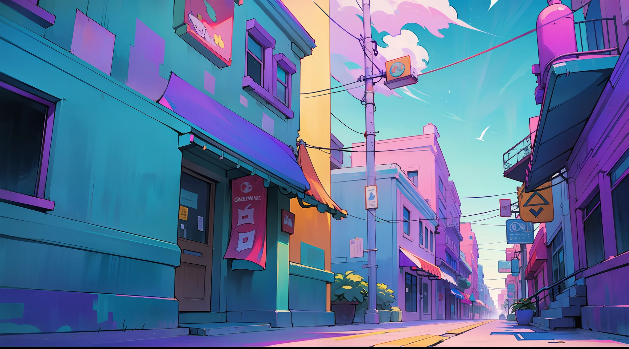 Key west, florida, downtown avenue, dawn (((without people))) street level view, purple and turquoise color harmony