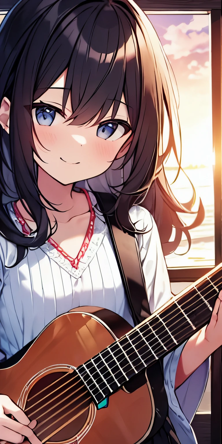 table top, highest quality,shape, wallpaper, ultra detail, absurd, 16 year old girl, alone, (Medium Wavy Hair、play the guitar、smile、coastal、the sunset is beautiful、Close-up portrait of a small person、Landscape depiction priority