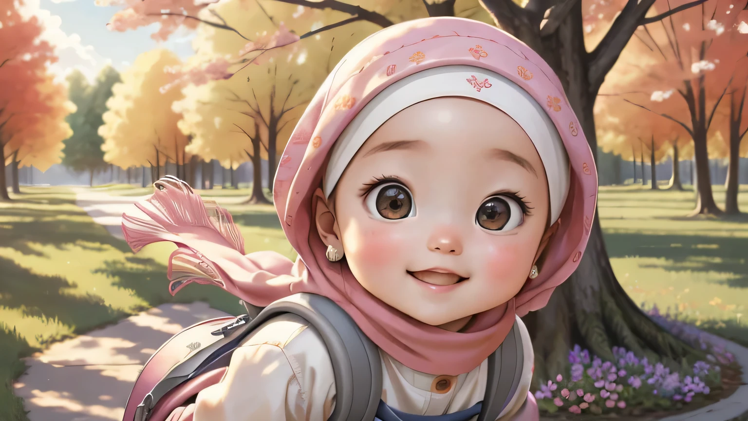 "(best quality,4k,8k,highres,masterpiece:1.2),ultra-detailed,(realistic,photorealistic,photo-realistic:1.37),soft lighting:1.2,illustration,portrait,young girl with a baby face and a sweet smile,running to school while carrying a backpack,wearing a hijab that flows in the wind,cute and joyful expression,bright and vibrant colors,scenic background with trees and flowers,pixel-perfect details,delicate brush strokes,feeling of warmth and happiness"