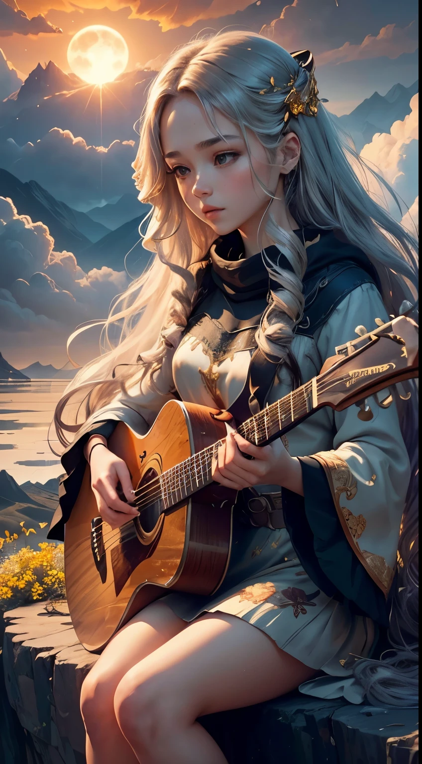 Masterpiece, best quality, (very detailed CG unity 8k wallpaper) (best quality), (best illustration), (best shadows) Nature', blue sea,delicate leaves petals of various colors falling in the air light Tracking, super detailed --v6, abstract painting art, 8k poster, full body, golden flowers, beautiful girl sitting on the edge of the cliff observing the distant horizon, golden eyes, garden, golden eyes, long hair blown by the wind, front view of female body, bronze hair metallic, red cloud sunset, night light, depth of valley seen from above with a lake and distant mountains, abstract oil painting, a girl well focused on the scene, (((girl plays guitar))), overexposure, overexposure art, surreal art, fantasy, abstract art of a woman in a mountain landscape, 8k poster, full body, gold and silver flowers, evening light, (((girl plays guitar))), (((giant full moon next to the sun, ))), (((musical signs in the clouds))), ((((long hair loose in the air, abstract hair molded into musical symbols, musical score thrown into the clouds, surreal art)))), high 8k resolution poster, gold and silver butterflies,