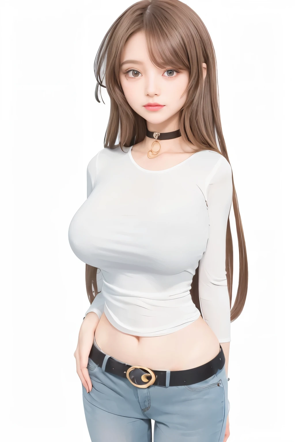 Girl with long brown hair and white shirt posing., cuerpo perfecto sombreado realista, Chica seductora, pose casual, con pechos grandes, cuerpo completo de un solo personaje, chica atractiva, usando un collar negro, pantalones de mezclilla y cinturon negro con hebilla dorada.