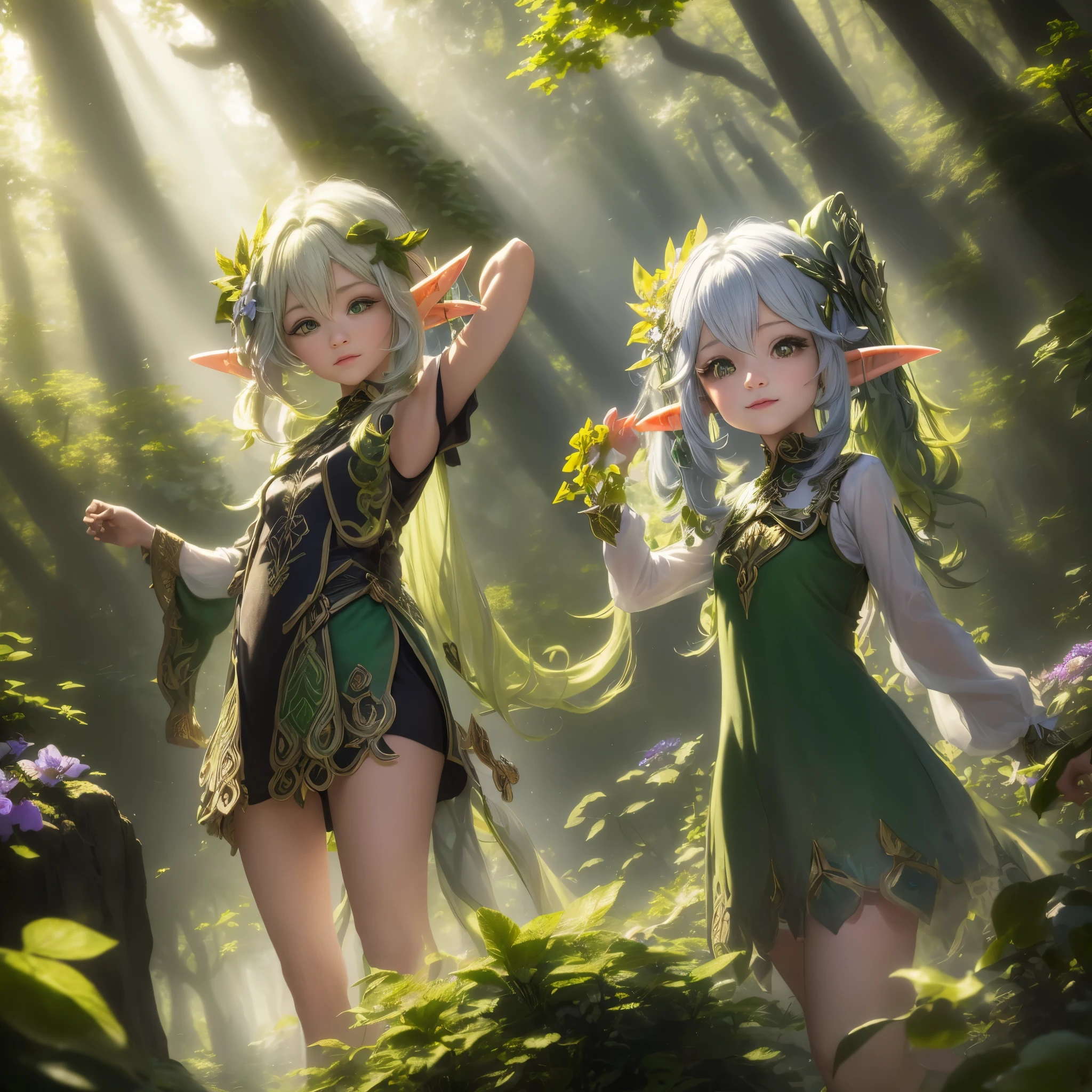 ((better quality)), ((masterpiece)), (Reality) , ((())), backlight, sunshine, ((Female elf living in the forest)), whole body, thin, charming, (transparent clothes), ((Esf Asante dress)), vine yards, masterpiece, 8k, (Beautiful flowers)