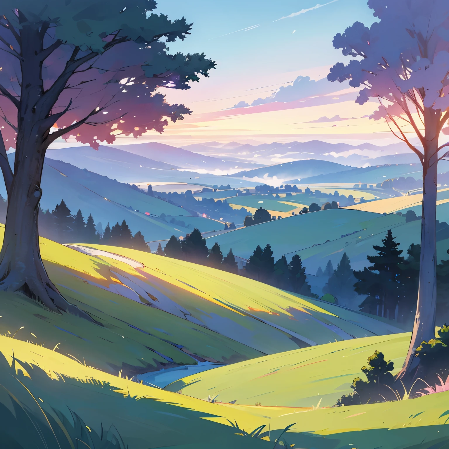 An illustration portrays a serene landscape, with rolling green hills stretching into the distance. A tranquil river flows gently, reflecting the twilight light, while a dense forest in the distance adds a touch of mystery. Wisps of mist dance among the trees, creating a magical atmosphere. In the sky, the vibrant colors of sunset paint a captivating panorama. Amidst it all, the promise of new beginnings and healing unfolds, depicting the journey of self-discovery in "The Art of Pure Naivety."