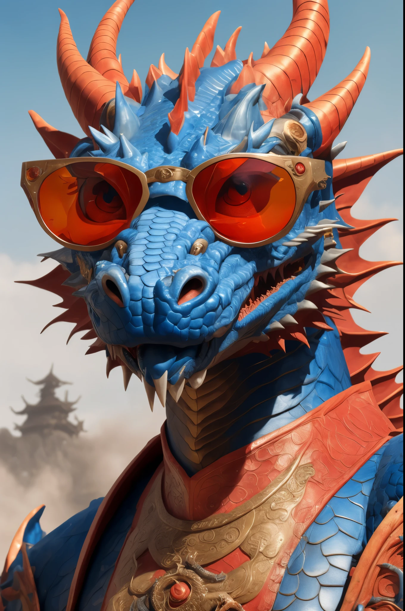 there is a dragon statue with red glasses on it, cyborg dragon portrait, portrait of a dragon, blue dragon, dragon portrait, colored zbrush render, dragon inspired blue armor, chinese dragon concept art, cgsociety uhd 4k highly detailed, highly detailed cgsociety, smooth chinese dragon, as an anthropomorphic dragon, cgsociety and fenghua zhong