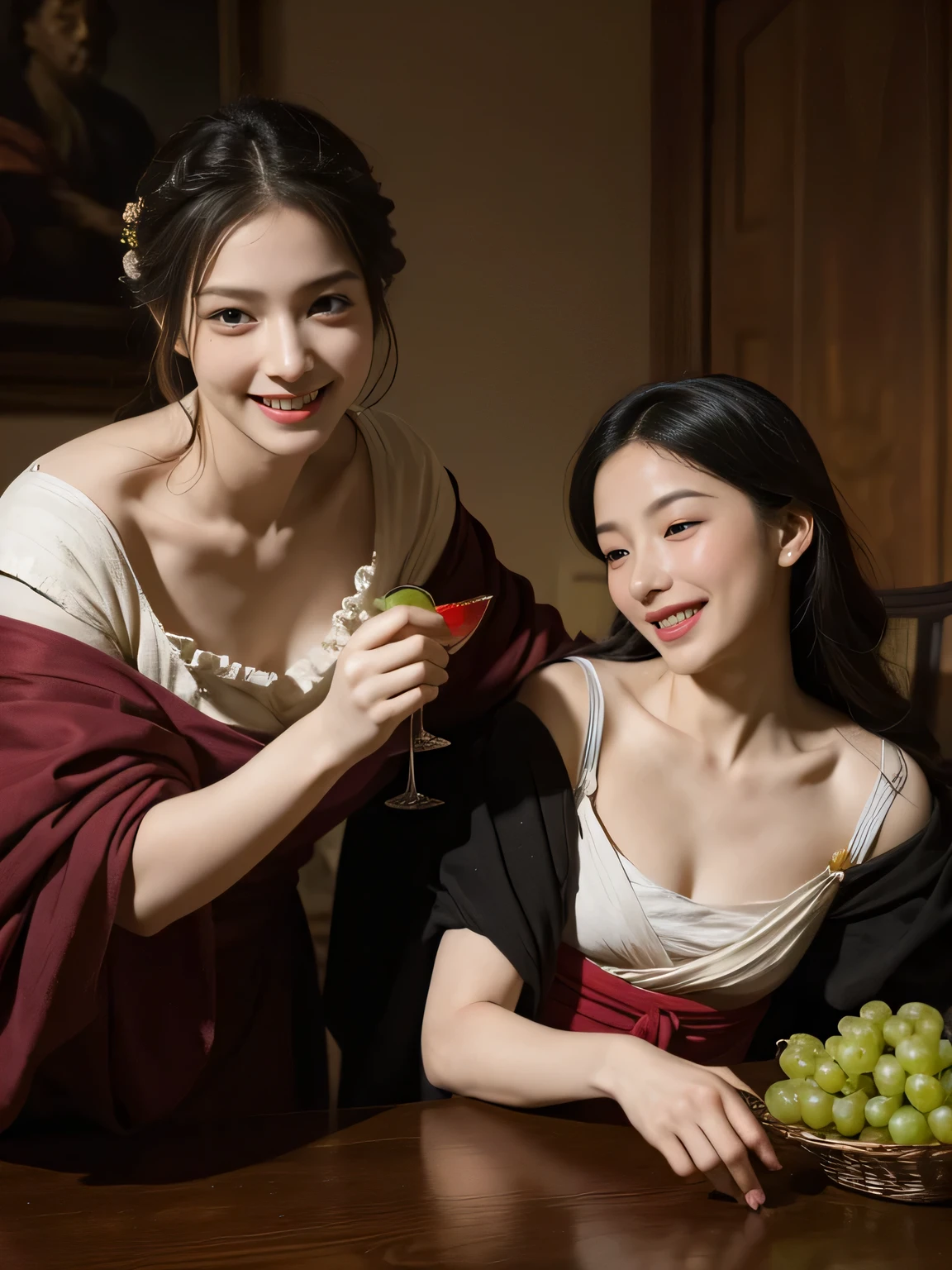 full body portrait ,fruit,grapes,rosa,antique,laughter,,sweet and enchanting appearance.、caravaggioの絵画、caravaggio'chiaroscuro,Two women having fun,cute smile, expression of ecstasy