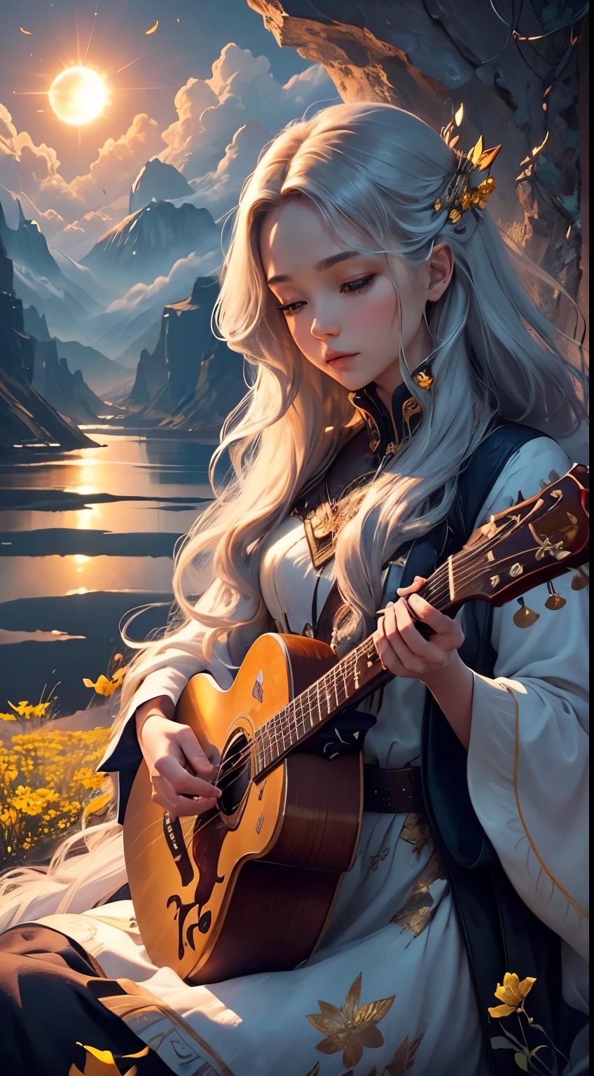 Masterpiece, best quality, (very detailed CG unity 8k wallpaper) (best quality), (best illustration), (best shadows) Nature', blue sea,delicate leaves petals of various colors falling in the air light Tracking, super detailed --v6, abstract painting art, 8k poster, full body, golden flowers, beautiful girl sitting on the edge of the cliff observing the distant horizon, golden eyes, garden, golden eyes, long hair blown by the wind, front view of female body, bronze hair metallic, red cloud sunset, night light, depth of valley seen from above with a lake and distant mountains, abstract oil painting, a girl well focused on the scene, (((girl plays guitar))), overexposure, overexposure art, surreal art, fantasy, abstract art of a woman in a mountain landscape, 8k poster, full body, gold and silver flowers, evening light, (((girl plays guitar))), (((giant full moon next to the sun, ))), (((musical signs in the clouds))), ((((long hair loose in the air, abstract hair molded into musical symbols, musical score thrown into the clouds, surreal art)))), high 8k resolution poster, gold and silver butterflies,