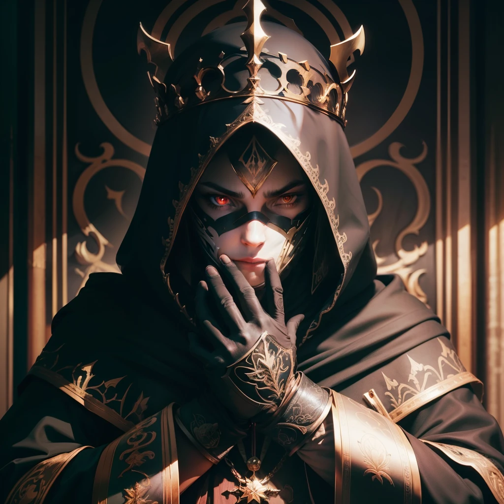 Logo, (masterpiece, top quality, best quality, extreme detailed),colorful,highest detailed,secret society behind the throne, hooded people, shadow, masked king, silhouettes, secret power, hands from the shadows, secret control, shadows of people above the throne, (logo:1.3), (Eminence Grise:1.3), darkness, full hd