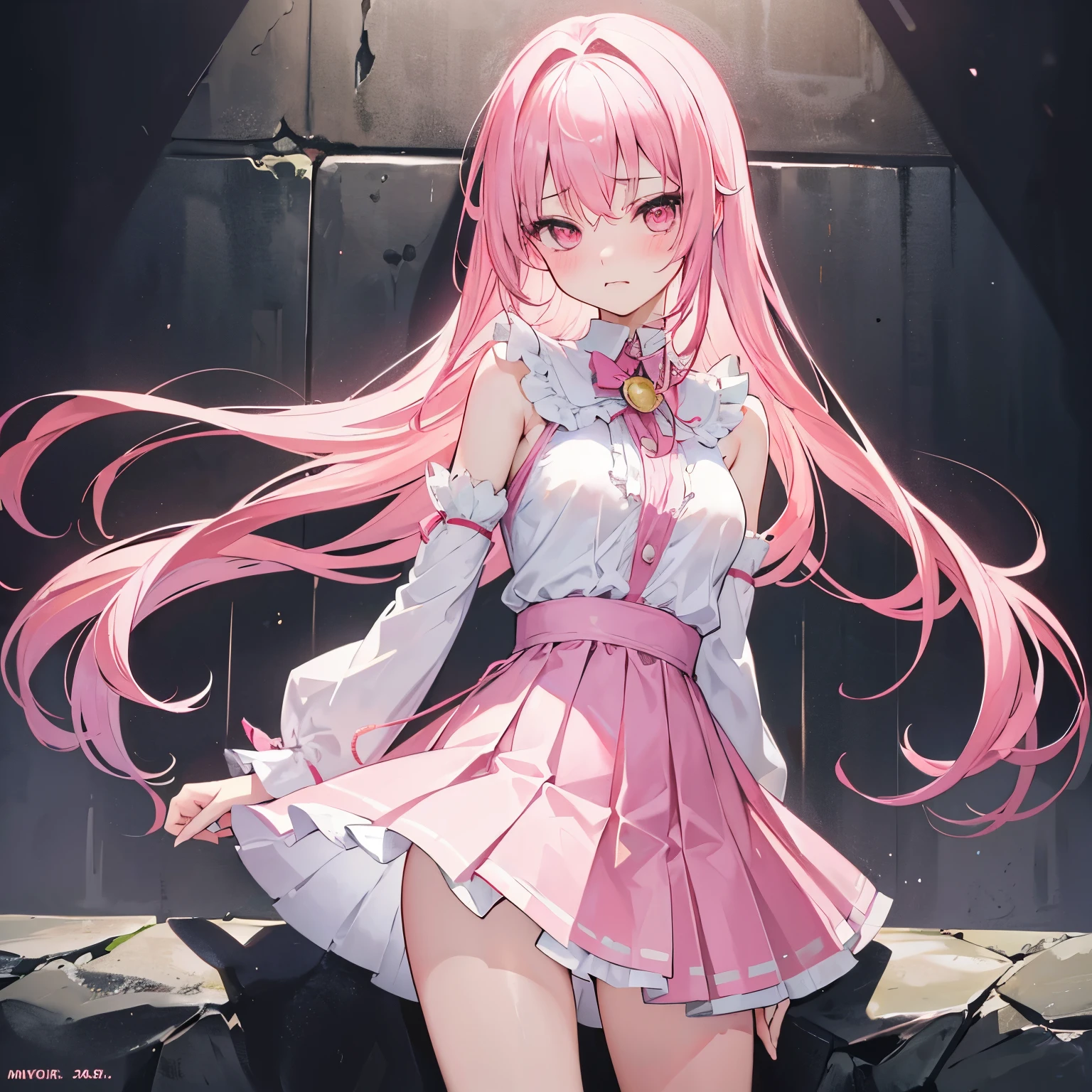 (masterpiece, best quality, Super detailed, Best Illustration, 1 girl thin), ((Half body, stand, front)), alone, publish, long hair, ((cute pink hair, cute clothes)), cute pink eyes, (looking at the audience, small breasts), long sleeves, white skirt, pleated skirt, (((arms behind back, rope, pitiful, Shy, bite lip, blush))), ((beautiful breasts)), against the wall