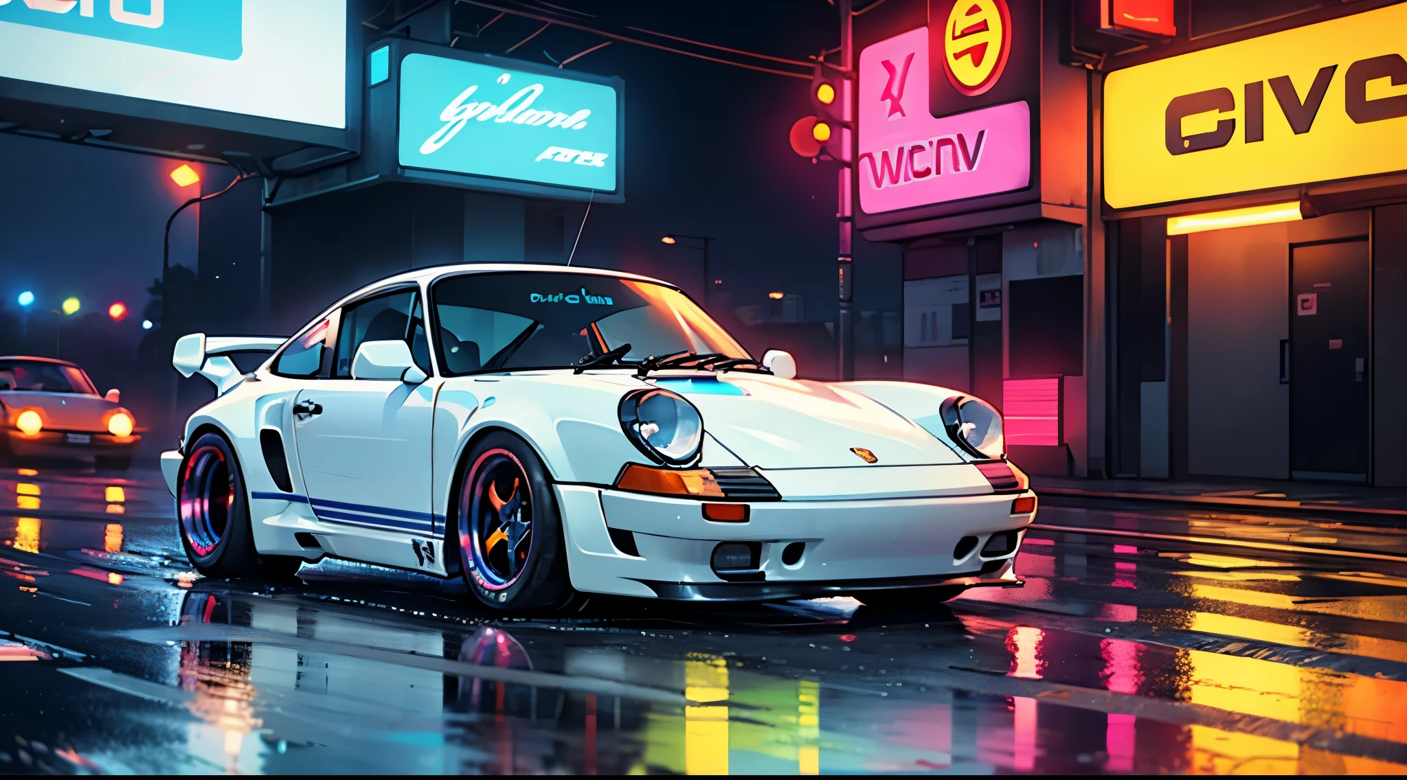 Cool porsche 911 rwb on a wet road. , neon lights, neon, retrowave, club,,,, in love Hemp, colorful, wallpaper, energy, secret, magical environment, omniscience, prediction of the future, understanding the past, frost magic, --v 6