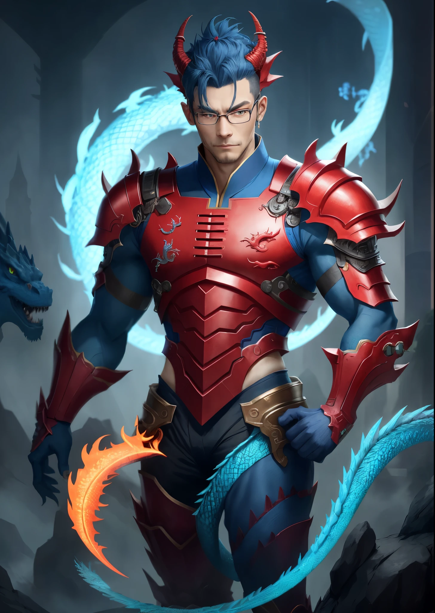 there is a dragon with red glasses on it, cyborg dragon portrait, portrait of a dragon, blue dragon, dragon portrait, colored zbrush render, dragon inspired blue armor, chinese dragon concept art, cgsociety uhd 4k highly detailed, highly detailed cgsociety, smooth chinese dragon, as an anthropomorphic dragon, cgsociety and fenghua zhong
