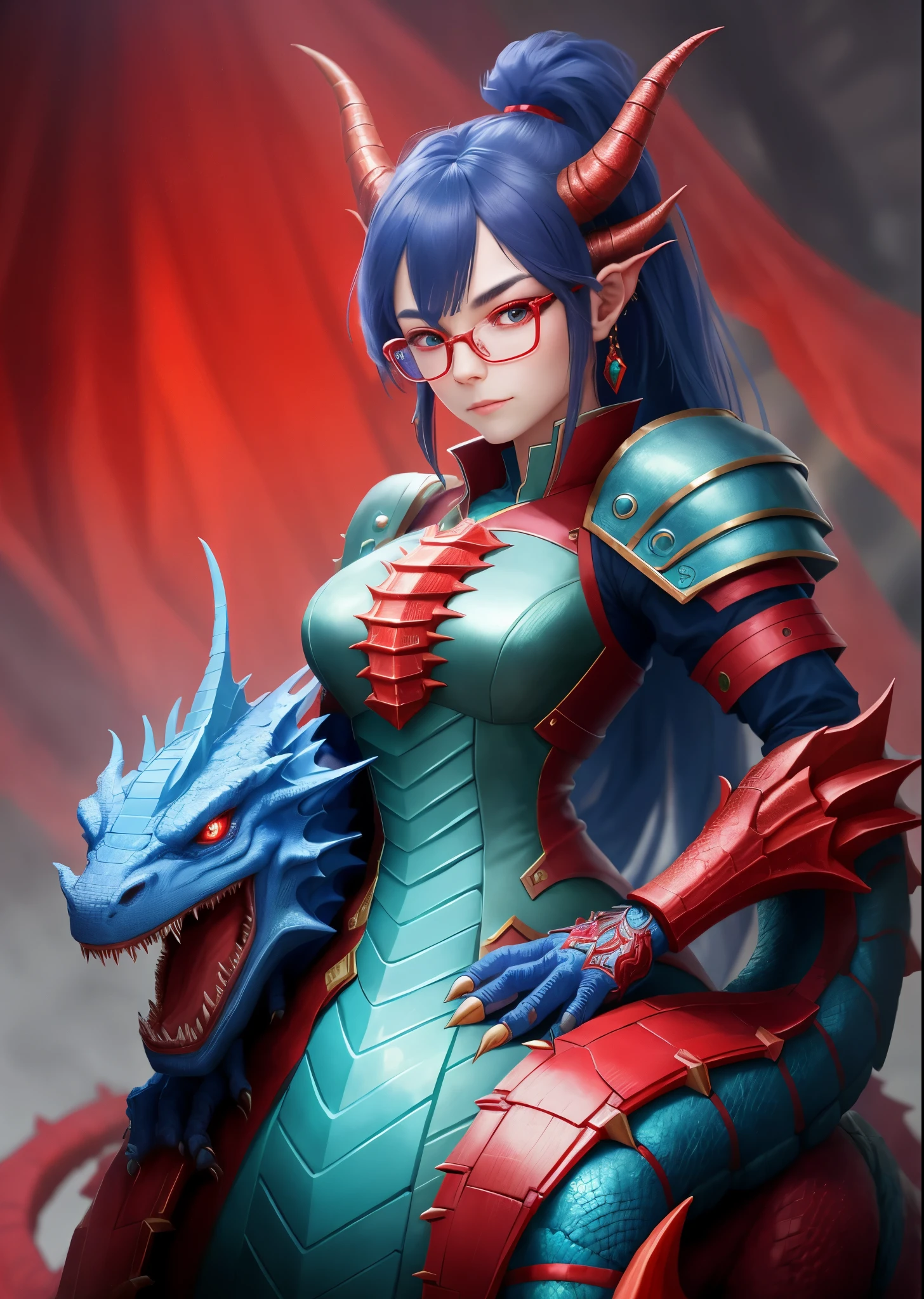there is a dragon with red glasses on it, cyborg dragon portrait, portrait of a dragon, blue dragon, dragon portrait, colored zbrush render, dragon inspired blue armor, chinese dragon concept art, cgsociety uhd 4k highly detailed, highly detailed cgsociety, smooth chinese dragon, as an anthropomorphic dragon, cgsociety and fenghua zhong