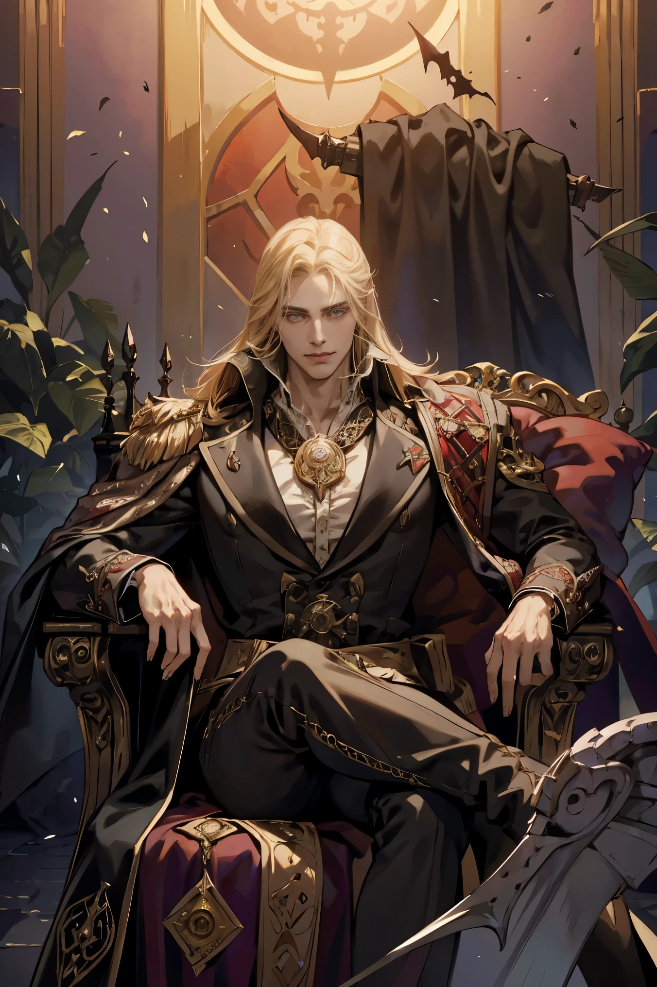 Castlevania Shadow Lord Handsome Lord Muscular Dracula Chatting in Throne Room with Male Advisors Around Him Surreal Ultra Detailed Dynamic Poses Ultra Detailed Faces Surreal Ultra Detailed Scene Epic Legend Perspective Environment