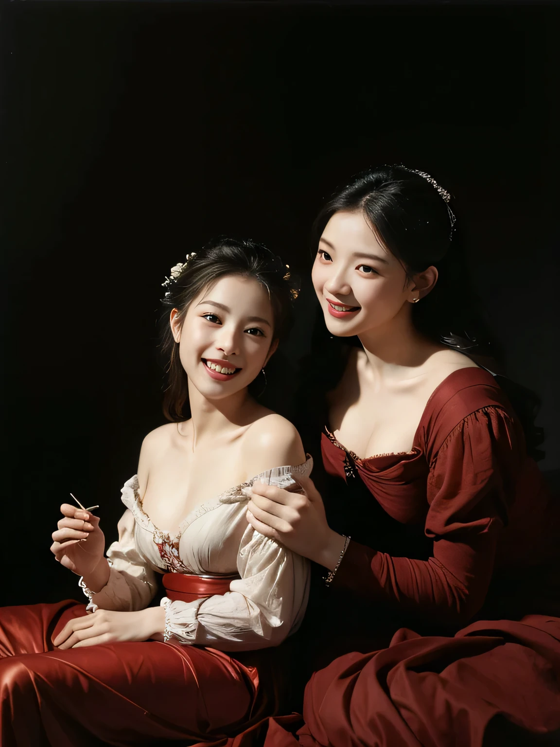 full body portrait ,Rose,antique,laughter,,sweet and enchanting appearance.、caravaggio painting、caravaggio'chiaroscuro,Two women having fun,cute smile, expression of ecstasy