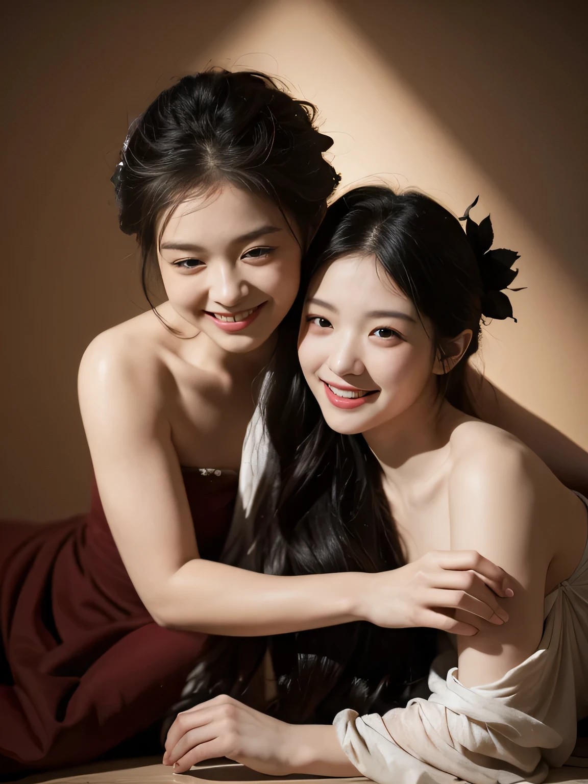 full body portrait ,Rose,antique,laughter,,sweet and enchanting appearance.、caravaggio painting、caravaggio'chiaroscuro,Two women having fun,cute smile, expression of ecstasy