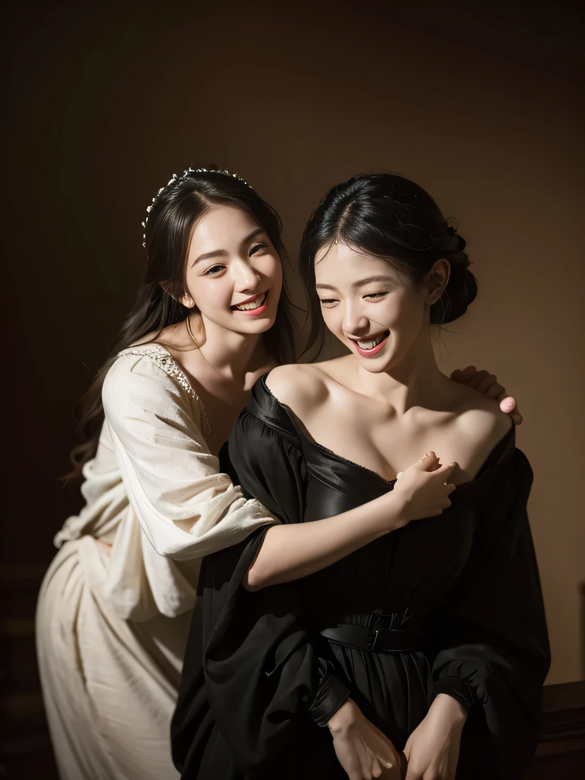 full body portrait ,Rose,antique,laughter,,sweet and enchanting appearance.、caravaggio painting、caravaggio&#39;chiaroscuro,Two women having fun,cute smile, expression of ecstasy