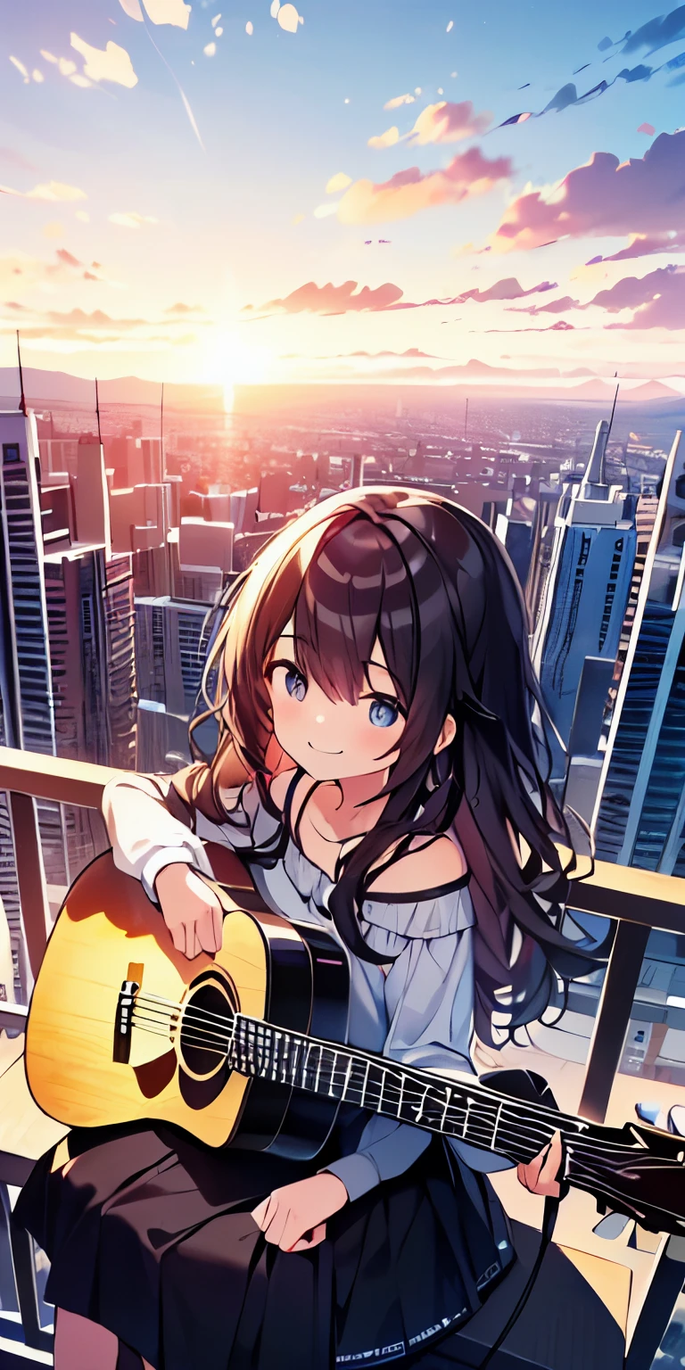 table top, highest quality,figure, wallpaper, ultra detail, absurd, girl, alone, (Medium Wavy Hair、play the guitar、smile、Overlooking the city from the top of the hill、the sunset is beautiful、A person who appears small in the distance