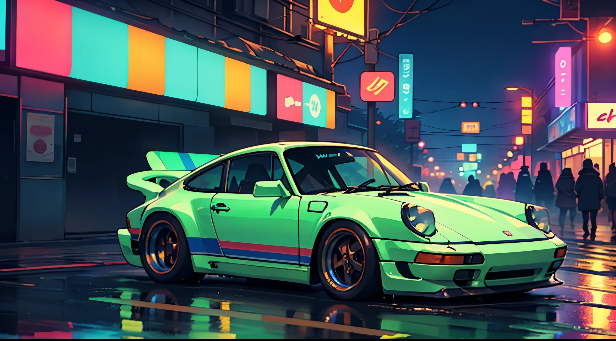 Mint porsche 911 rwb on a wet road. , neon lights, neon, retrowave, club,,,, in love Hemp, colorful, wallpaper, energy, secret, magical environment, omniscience, prediction of the future, understanding the past, frost magic, --v 6