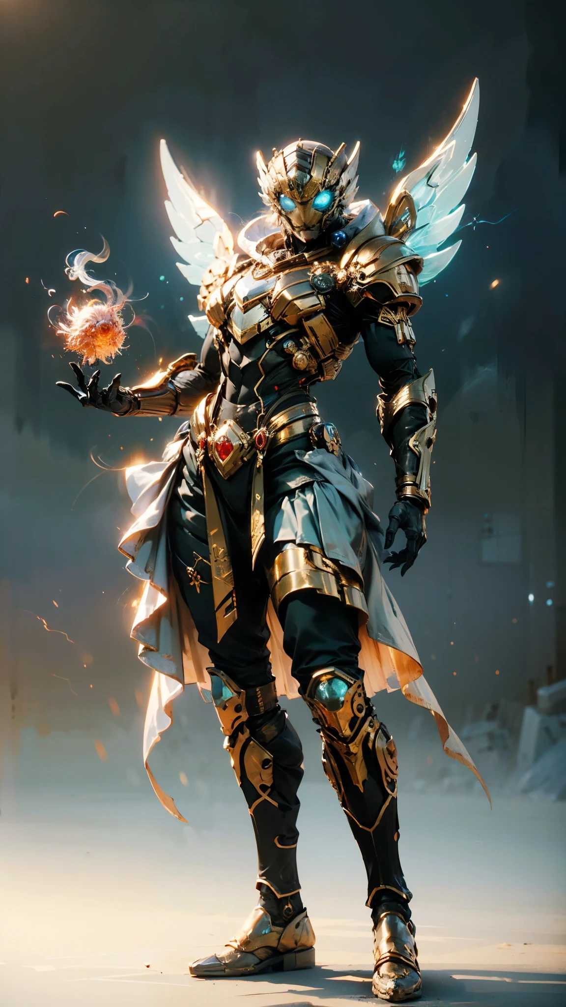 A woman adorned in fantasy-style full-body armor, a crown-concept fully enclosed helmet that unveils only her eyes, a composite layered chest plate, fully encompassing shoulder and hand guards, a lightweight waist armor, form-fitting shin guards, the overall design is heavy-duty yet flexible, (the armor gleams with a golden glow, complemented by red and blue accents), exhibiting a noble aura, she floats above a fantasy-surreal high-tech city, this character embodies a finely crafted fantasy-surreal style armored hero in anime style, exquisite and mature manga art style, (mixture of Queen bee and Spider concept Armor, plasma), ((Element, elegant, goddess, femminine:1.5)), metallic, high definition, best quality, highres, ultra-detailed, ultra-fine painting, extremely delicate, professional, anatomically correct, symmetrical face, extremely detailed eyes and face, high quality eyes, creativity, RAW photo, UHD, 32k, Natural light, cinematic lighting, masterpiece-anatomy-perfect, masterpiece:1.5