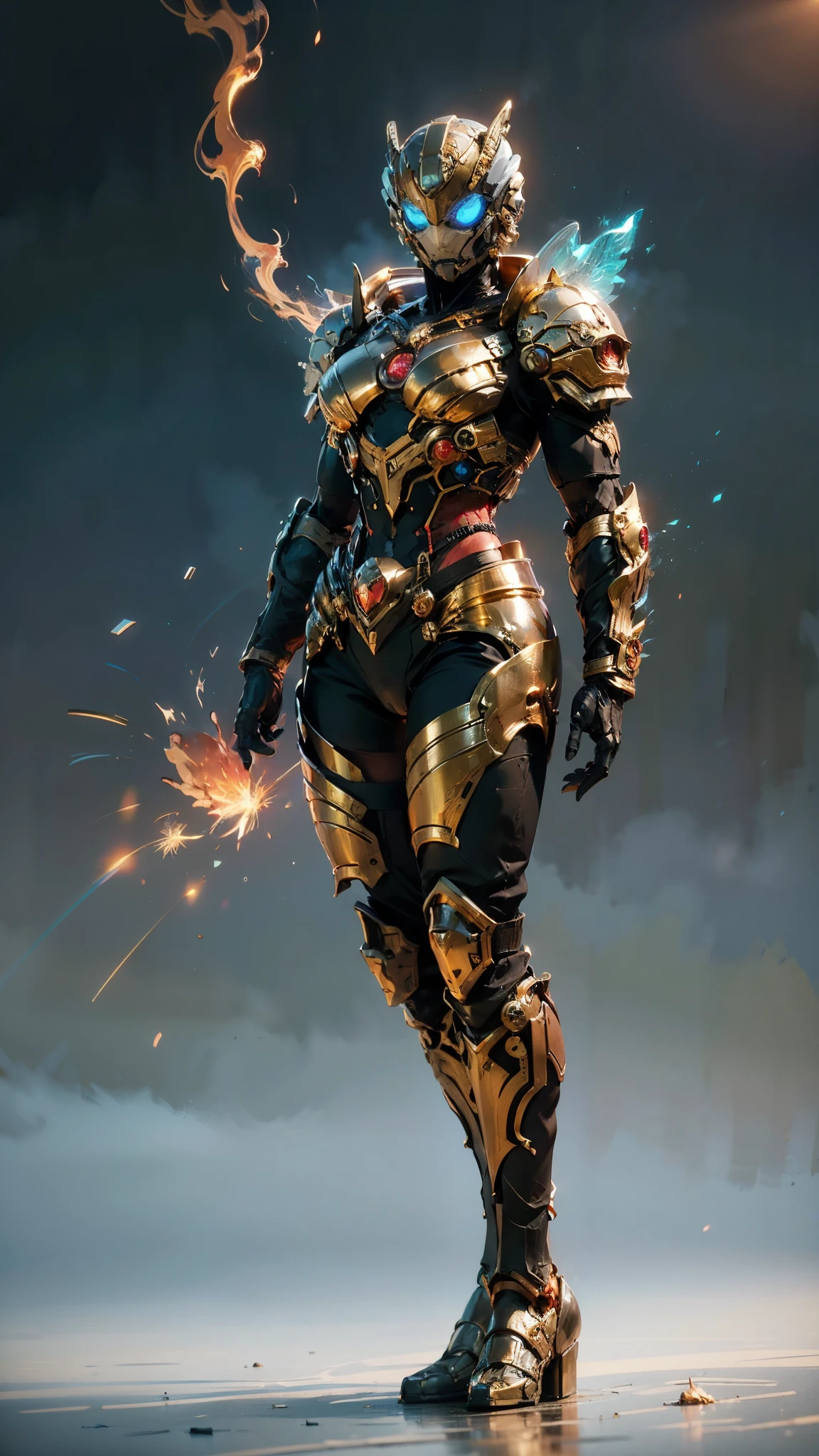 A woman adorned in fantasy-style full-body armor, a crown-concept fully enclosed helmet that unveils only her eyes, a composite layered chest plate, fully encompassing shoulder and hand guards, a lightweight waist armor, form-fitting shin guards, the overall design is heavy-duty yet flexible, (the armor gleams with a golden glow, complemented by red and blue accents), exhibiting a noble aura, she floats above a fantasy-surreal high-tech city, this character embodies a finely crafted fantasy-surreal style armored hero in anime style, exquisite and mature manga art style, (mixture of Queen bee and Spider concept Armor, plasma), ((Element, elegant, goddess, femminine:1.5)), metallic, high definition, best quality, highres, ultra-detailed, ultra-fine painting, extremely delicate, professional, anatomically correct, symmetrical face, extremely detailed eyes and face, high quality eyes, creativity, RAW photo, UHD, 32k, Natural light, cinematic lighting, masterpiece-anatomy-perfect, masterpiece:1.5