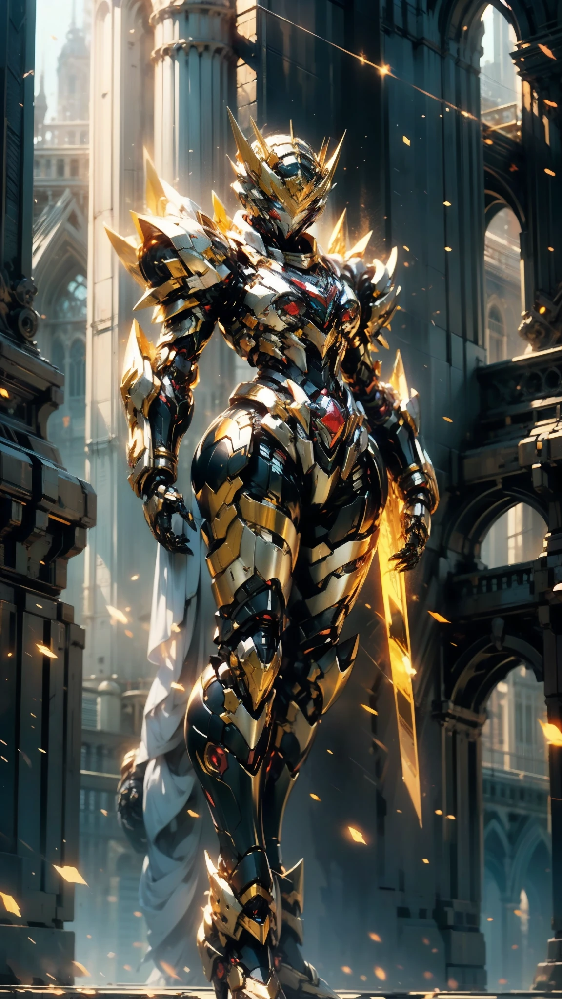 A woman adorned in fantasy-style full-body armor, a crown-concept fully enclosed helmet that unveils only her eyes, a composite layered chest plate, fully encompassing shoulder and hand guards, a lightweight waist armor, form-fitting shin guards, the overall design is heavy-duty yet flexible, (the armor gleams with a golden glow, complemented by red and blue accents), exhibiting a noble aura, she floats above a fantasy-surreal high-tech city, this character embodies a finely crafted fantasy-surreal style armored hero in anime style, exquisite and mature manga art style, (mixture of Queen bee and Spider concept Armor, plasma), ((Element, elegant, goddess, femminine:1.5)), metallic, high definition, best quality, highres, ultra-detailed, ultra-fine painting, extremely delicate, professional, anatomically correct, symmetrical face, extremely detailed eyes and face, high quality eyes, creativity, RAW photo, UHD, 32k, Natural light, cinematic lighting, masterpiece-anatomy-perfect, masterpiece:1.5