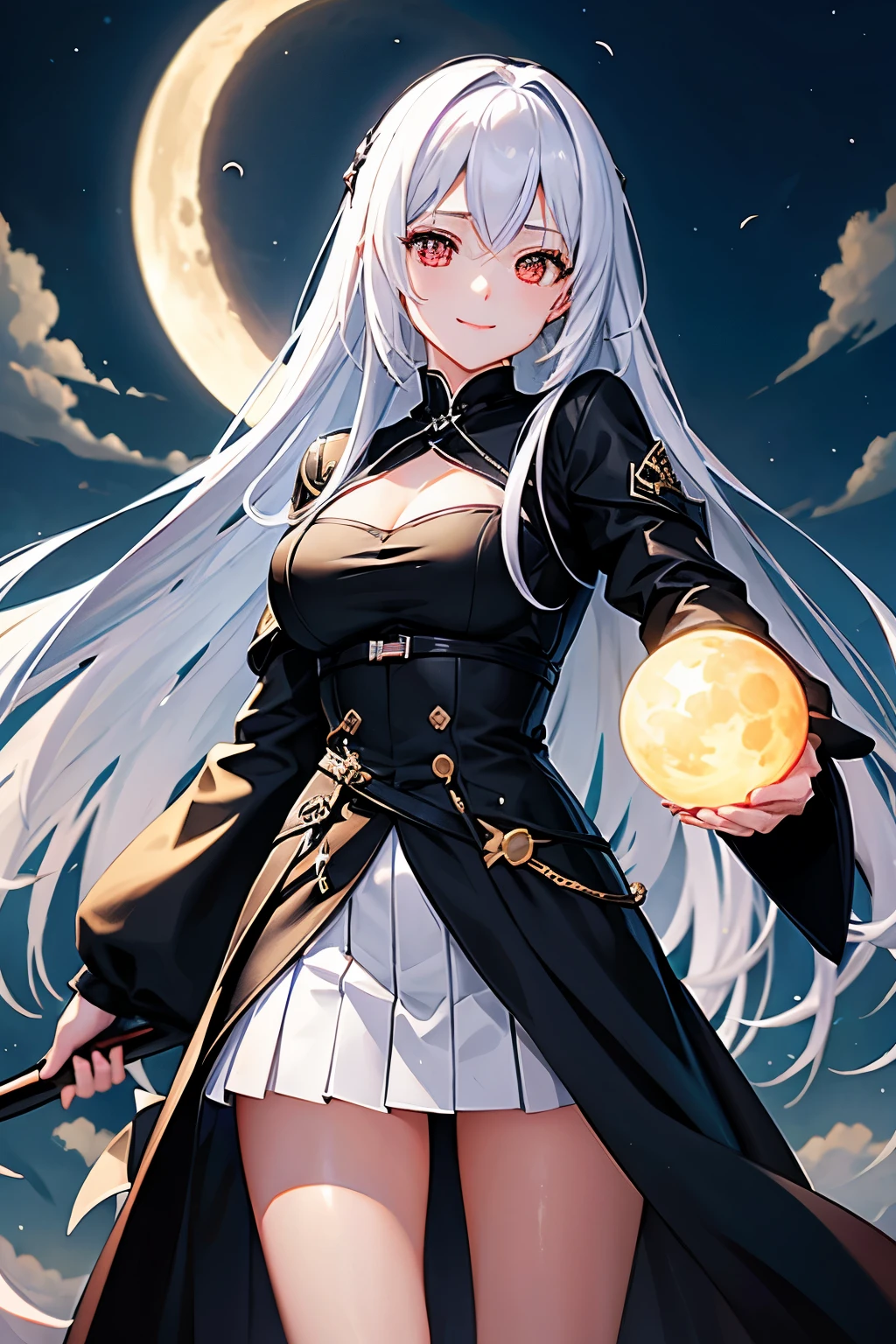 (high quality、masterpiece、detailed、normal body)A beautiful girl with a death scythe in her right hand:1.4、Executioners、She has silver hair that is dyed black towards the tips.、Golden eyes emit a mysterious light、Wearing a black mysterious robe、wearing a white skirt:1.3、racy costume:1.3、See-through、The moon and the sun are shining at the same time behind me、day/night reversal、smiling shyly、Crescent moon crest on forehead、Death size with long handle:1.3