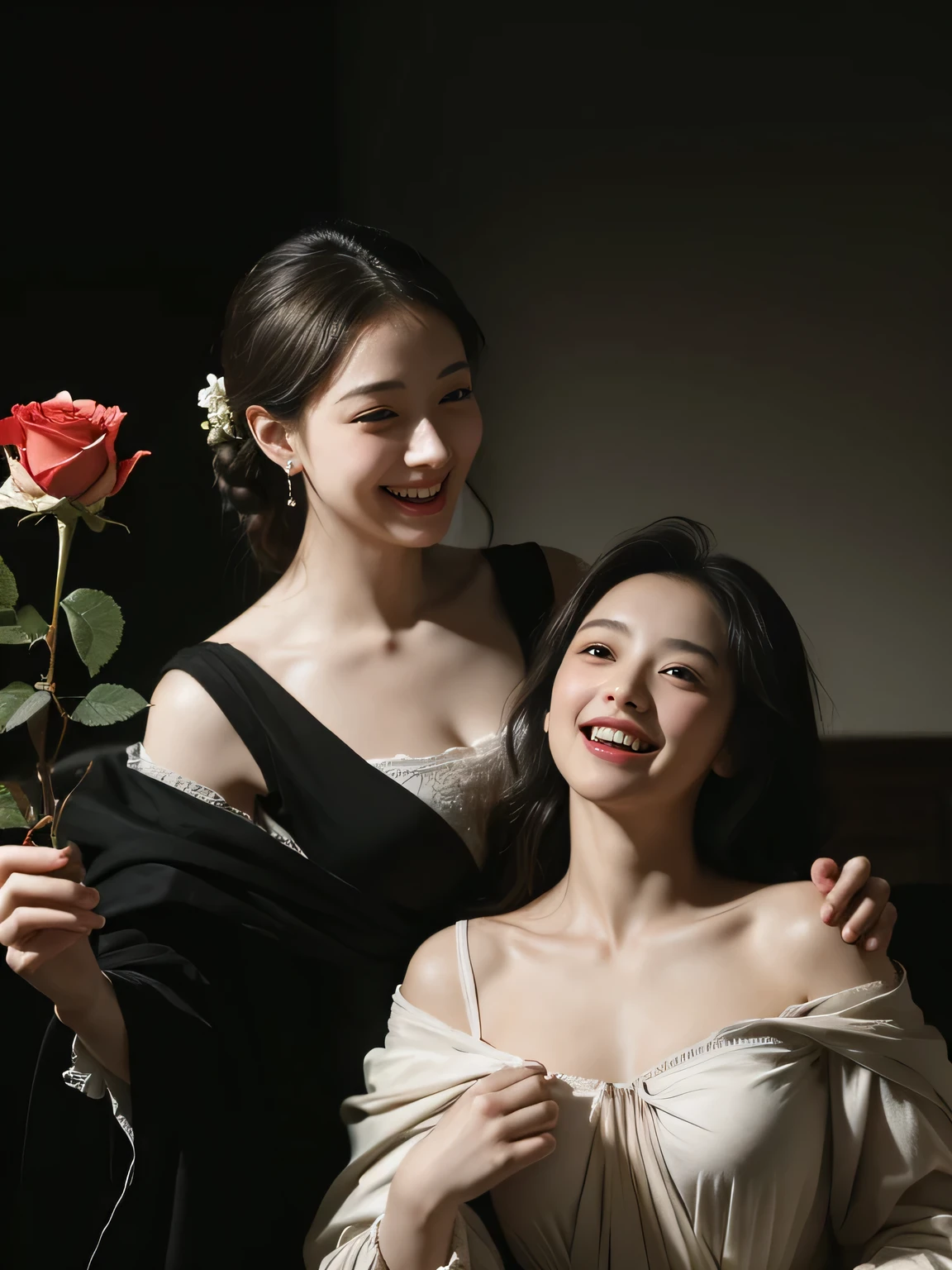 full body portrait ,flower,Rose,antique,laughter,,sweet and enchanting appearance.、caravaggio painting、caravaggio'chiaroscuro,Two women having fun,cute smile, expression of ecstasy