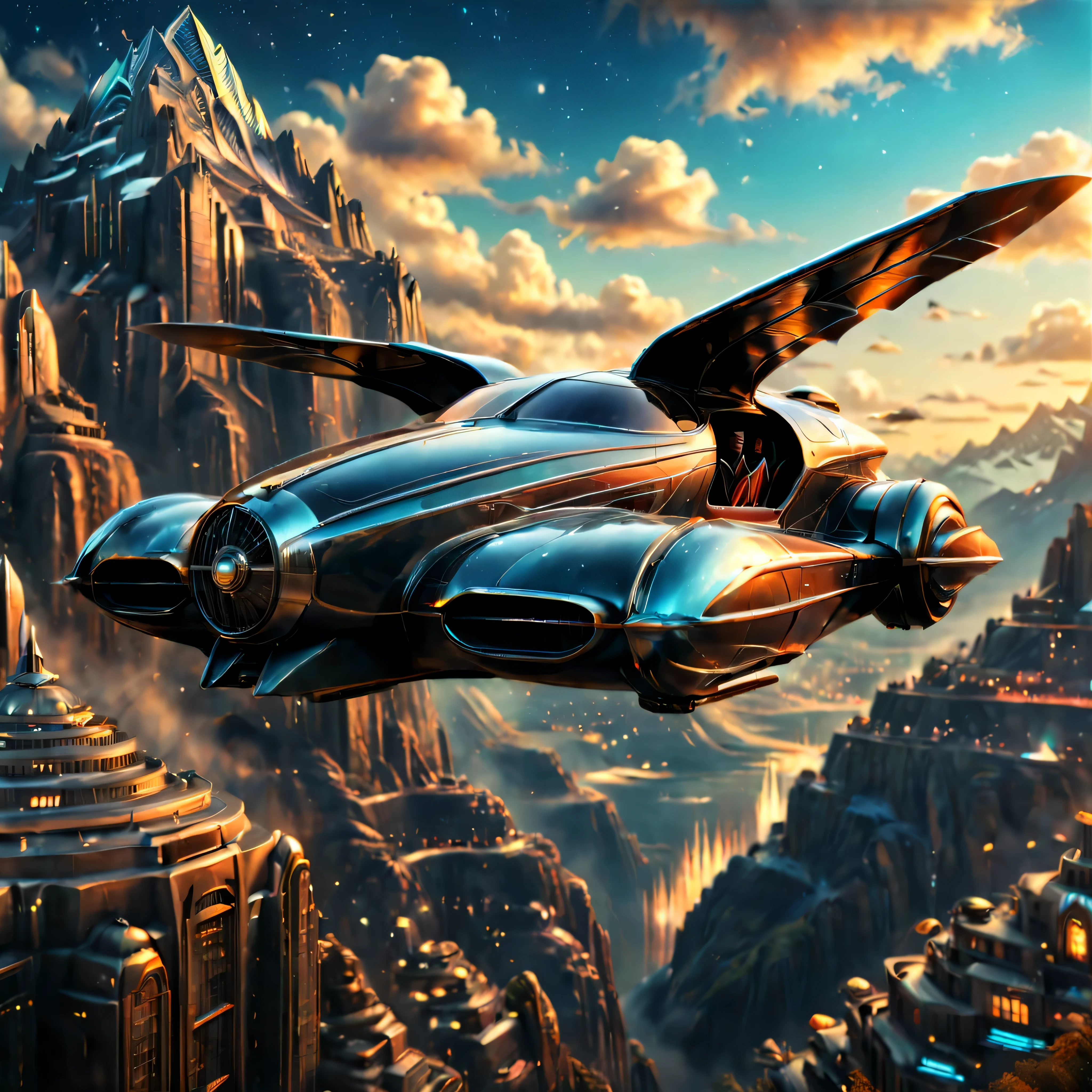 art deco style flying car, art deco style science fiction, background is vast mountain

(best quality,4k,8k,highres,masterpiece:1.2),ultra-detailed,(realistic,photorealistic,photo-realistic:1.37),HDR,UHD,studio lighting,ultra-fine painting,sharp focus,physically-based rendering,extreme detail description,professional,vivid colors,bokeh.