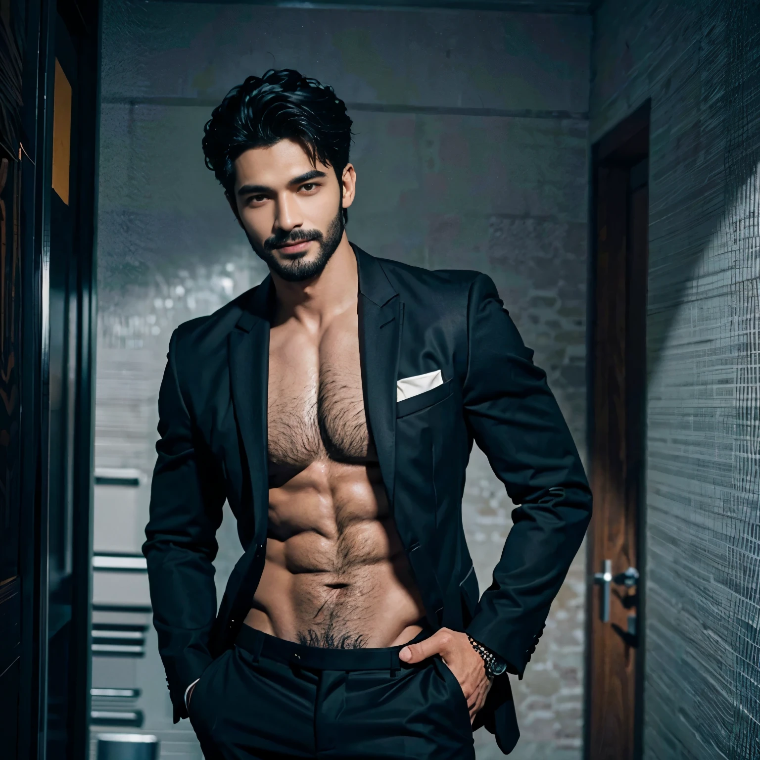 Blazer Preto, abdomen, sem camisa, Wide formal pants, Macho, cabelo loiro, Medium length, Simetria Facial Perfeita, nariz perfeito, Belo Belo Sorriso, Olhos Amendoados e Coreano. One Macho, sozinho, Pessoa solteira, Sorriso bonito. corte de lobo. Single Macho, uma pessoa. Single Character
