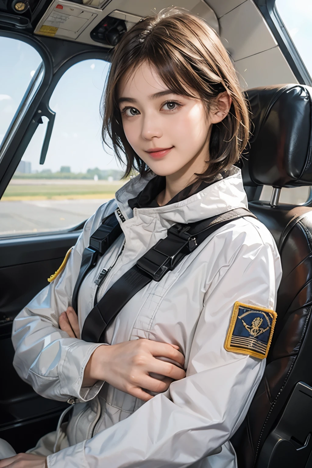 164
Shorthair,  (a 20 yo woman, standing), A hyper-realistic, gentle smile, sci-fi cool suit, (口紅),  in tha cockpit of an old fashioned fighter aircraft
