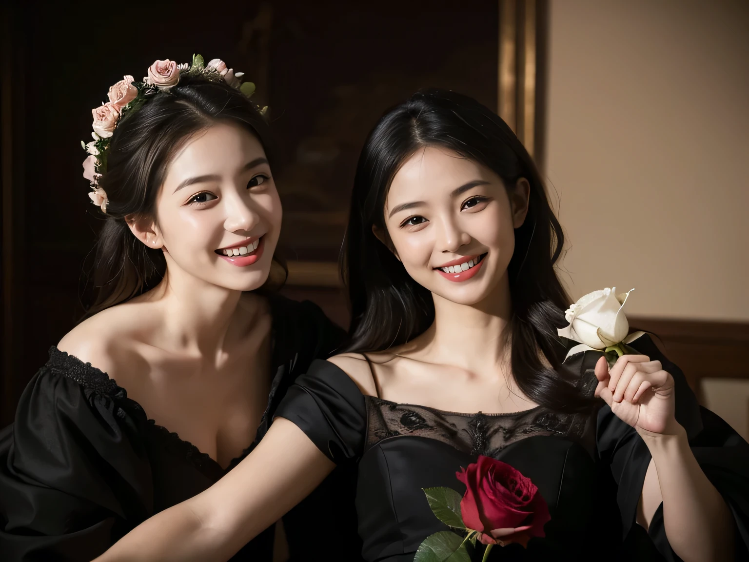 full body portrait ,flower,rose,antique,laughter,,sweet and enchanting appearance.、caravaggio painting、caravaggio&#39;chiaroscuro,Two women having fun,cute smile, expression of ecstasy