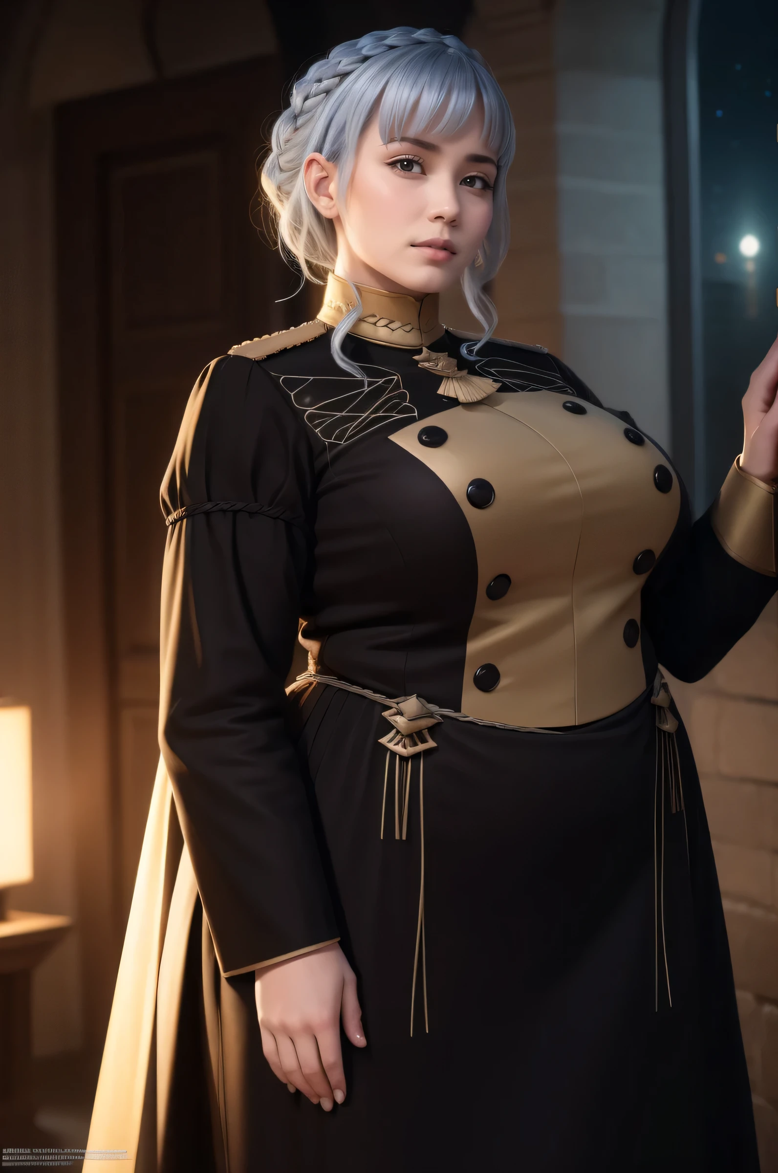 marianne fe, marianneuniform, garreg mach monastery uniform, expressionless, looking at viewer, own hands together, crown braid, uniform, epaulettes, long sleeves, indoors 1girl, plump, chubby, curvy, chubby girl, night sky background, (best quality,4k,8k,highres,masterpiece:1.2), ultra-detailed, (realistic,photorealistic,photo-realistic:1.37), HDR, UHD, studio lighting, ultra-fine painting, sharp focus, physically-based rendering, extreme detail description, professional, vivid colors, bokeh, portraits, photography, concept artists, colorful, 