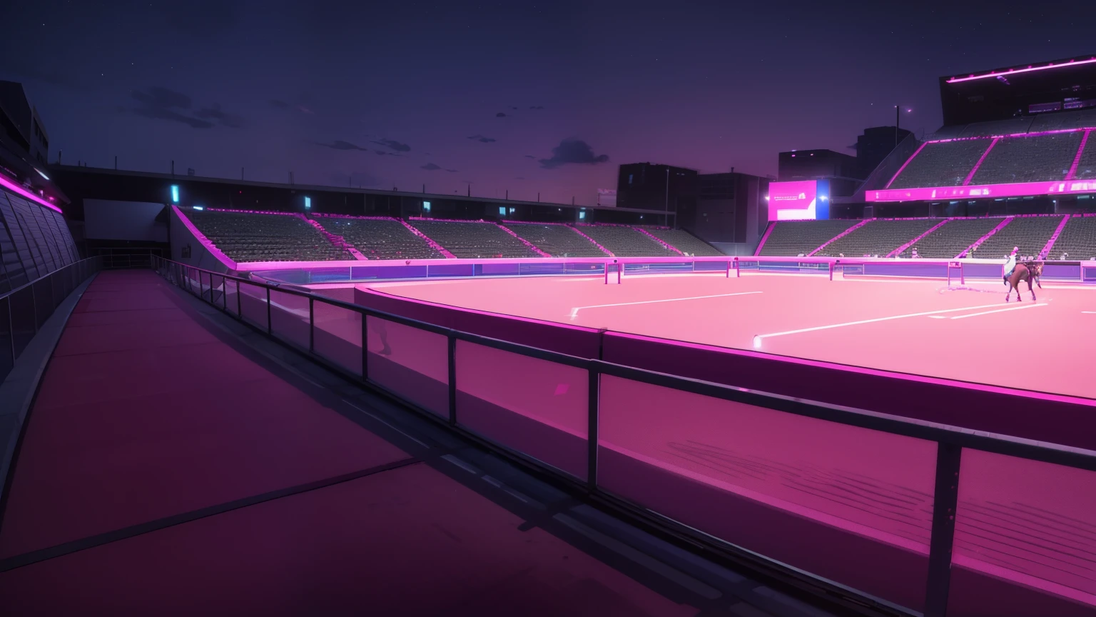 (very pink night sky), (several pink neons), (Arena with people on horses shooting each other)