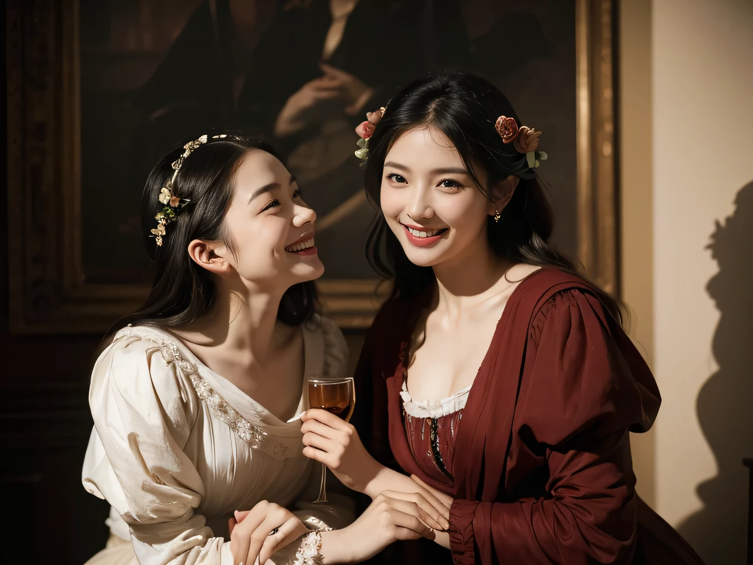 full body portrait ,flower,rose,antique,laughter,,sweet and enchanting appearance.、caravaggio painting、caravaggio'chiaroscuro,Two women having fun,cute smile, expression of ecstasy