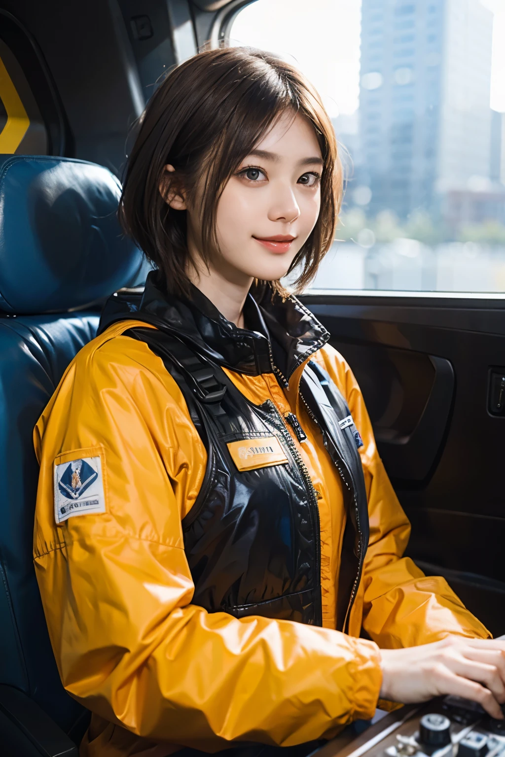164
Shorthair,  (a 20 yo woman, standing), A hyper-realistic, gentle smile, sci-fi cool suit, (口紅),  in tha cockpit of an old fashioned fighter aircraft
