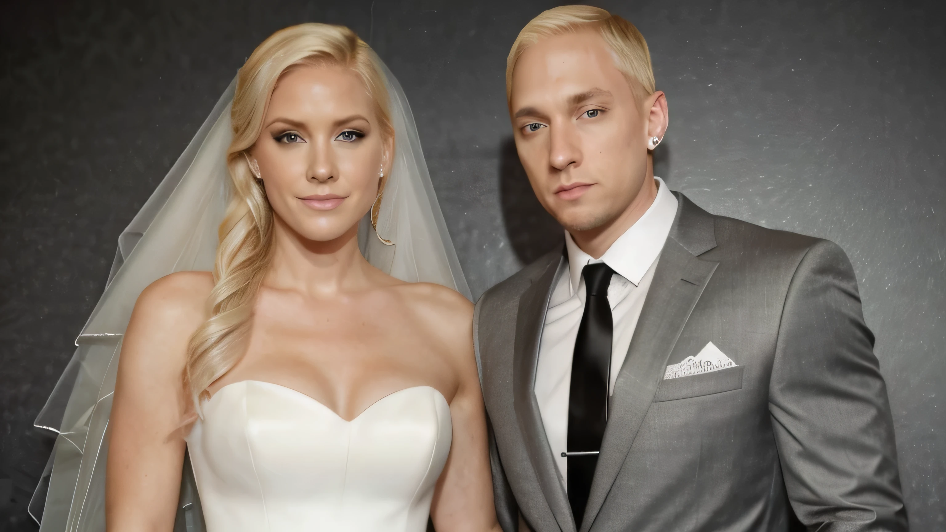 blonde bride and eminem wearing a suit