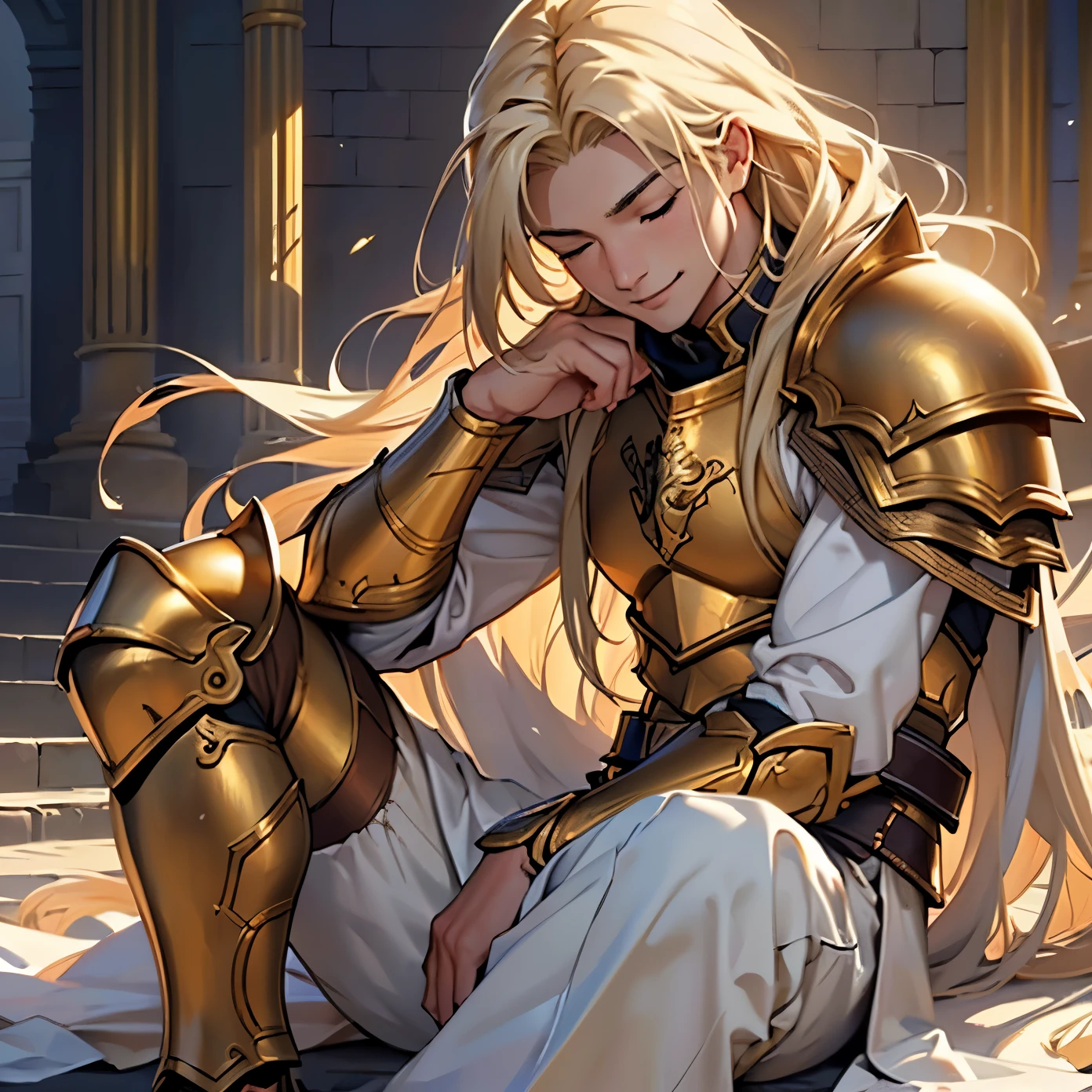 (realistic: 1.37, best quality, 4k, 8k, high resolution, masterpiece: 1.2), ultra-detailed, male, a young man with fair skin, very long light blonde hair, dressed in golden armor with straight hair . anatomically correct. Closed eyes. meditation pose, temple environment, smile on face, front angle.