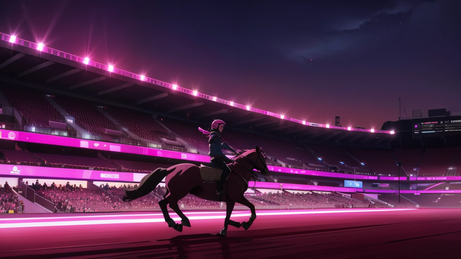 (very pink night sky), (several pink neons), (Arena with people on horses shooting each other)