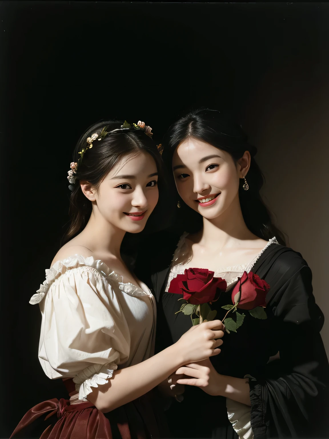 full body portrait ,flower,Rose,antique,laughter,,sweet and enchanting appearance.、caravaggio painting、caravaggio'chiaroscuro,Two women having fun,cute smile, expression of ecstasy