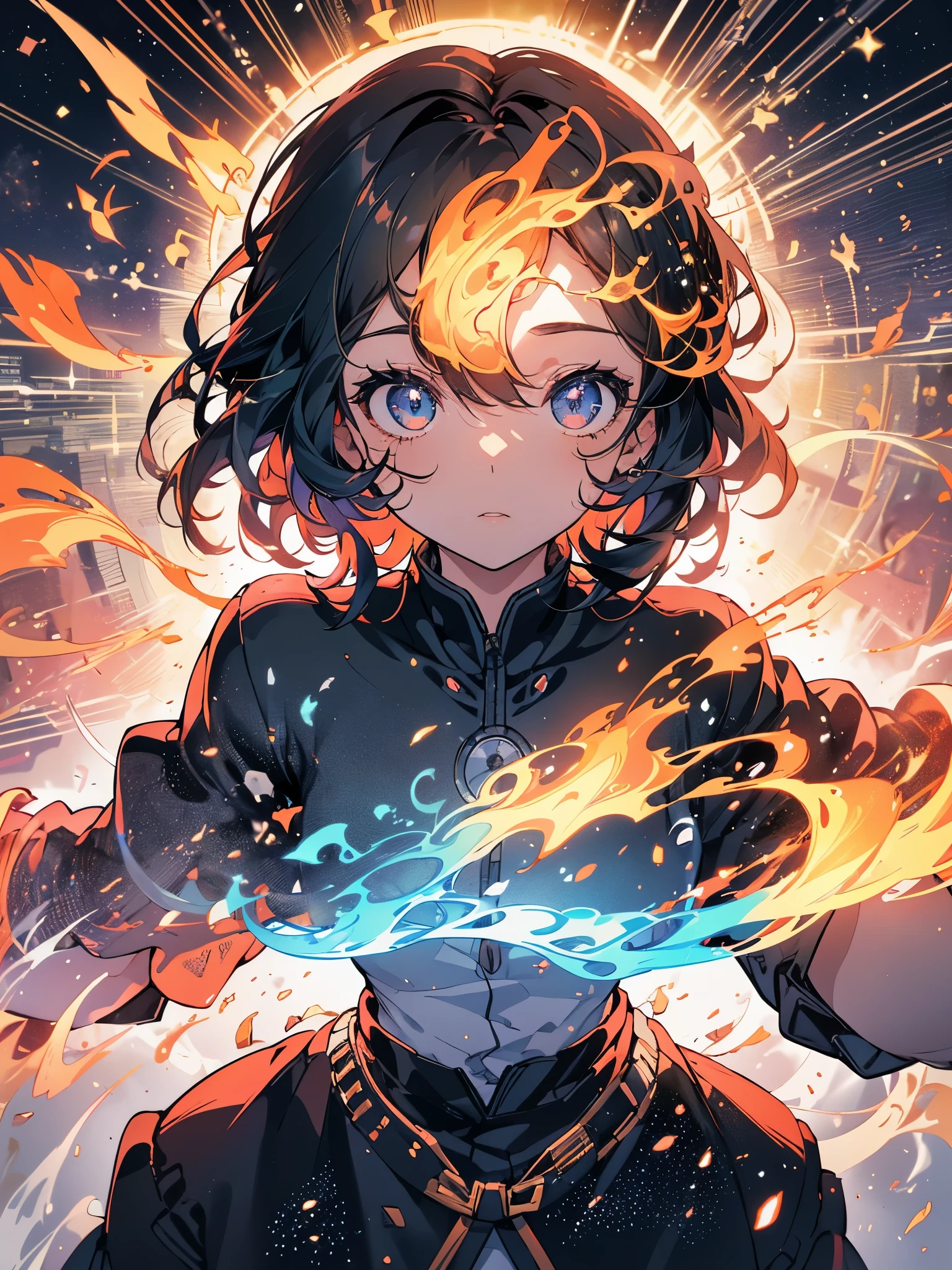 (melhor qualidade, obra de arte), (1 garota, Sozinho,manto marrom, expression face, desviando o olhar, sentado, mangas largas, olhos pretos, boca fechada, Ribbon-shaped fire on the head, cabelo longo, tiro de vaqueiro), (monochrome, Night sky at cave entrance , luz subindo do fundo, dentro da caverna, Floating glowing bunch of white particles, Burning fire at hand, Floating many small fires),