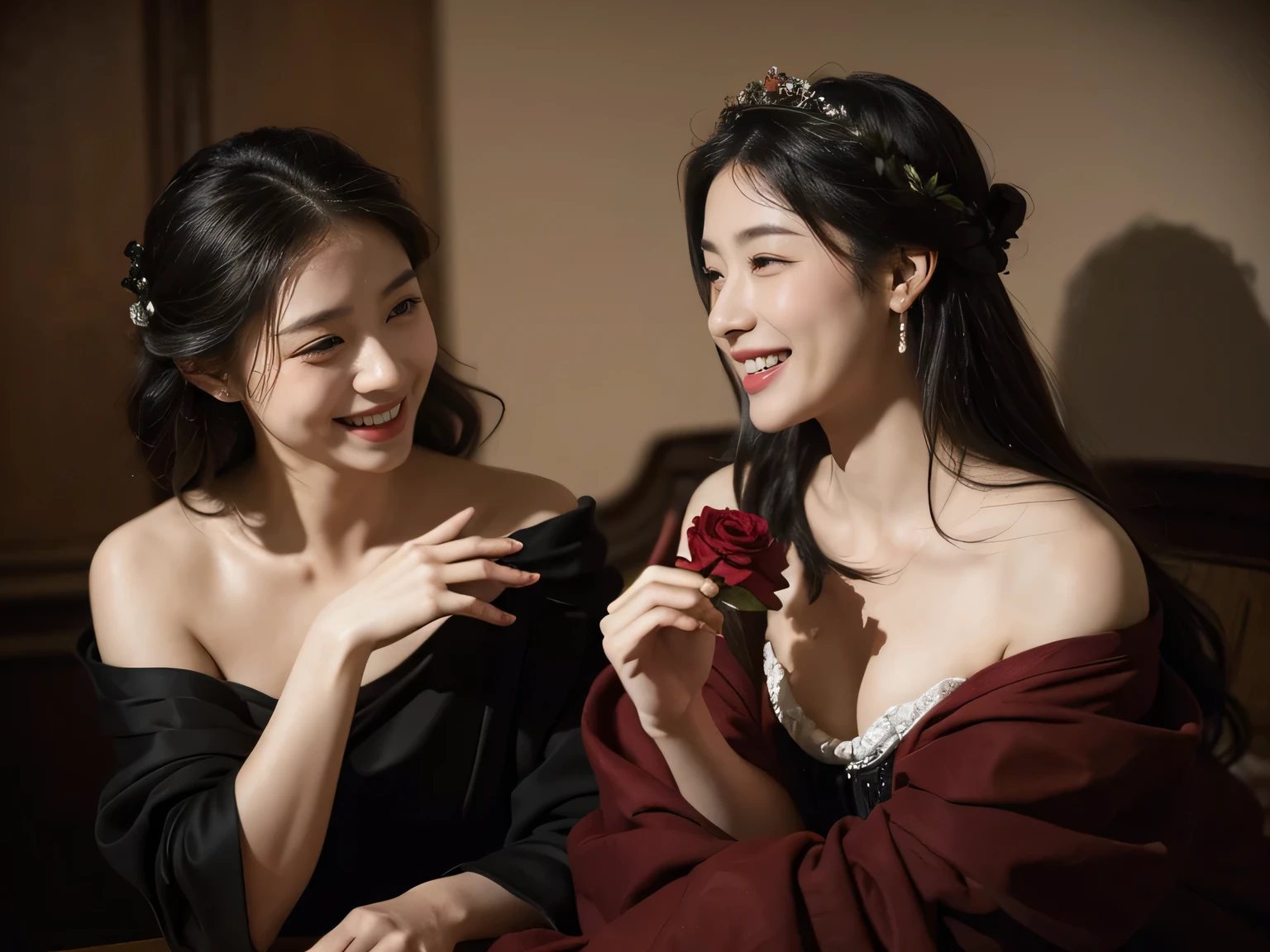 full body portrait ,flower,rose,antique,laughter,,sweet and enchanting appearance.、caravaggio painting、caravaggio'chiaroscuro,Two women having fun,cute smile, expression of ecstasy