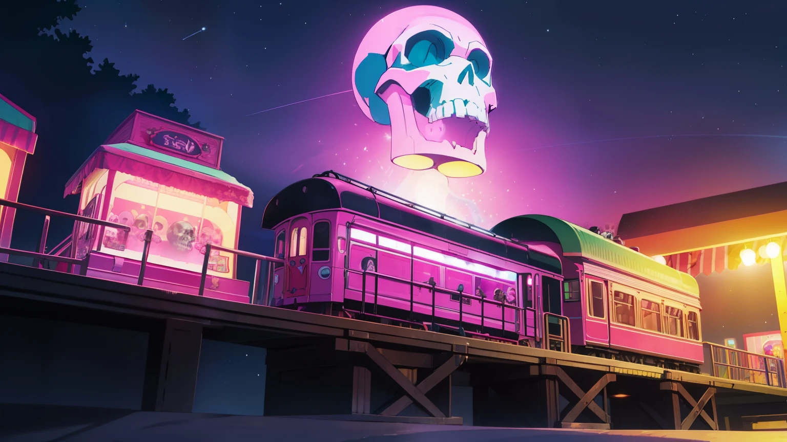 (Toy train with skull), (very pink night sky), (several pink neons), (amusement park)