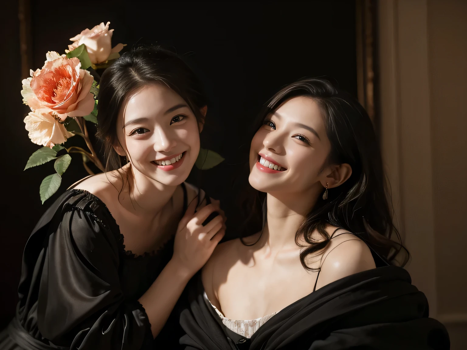 full body portrait ,flower,rose,antique,laughter,,sweet and enchanting appearance.、caravaggio painting、caravaggio&#39;chiaroscuro,Two women having fun,cute smile, expression of ecstasy